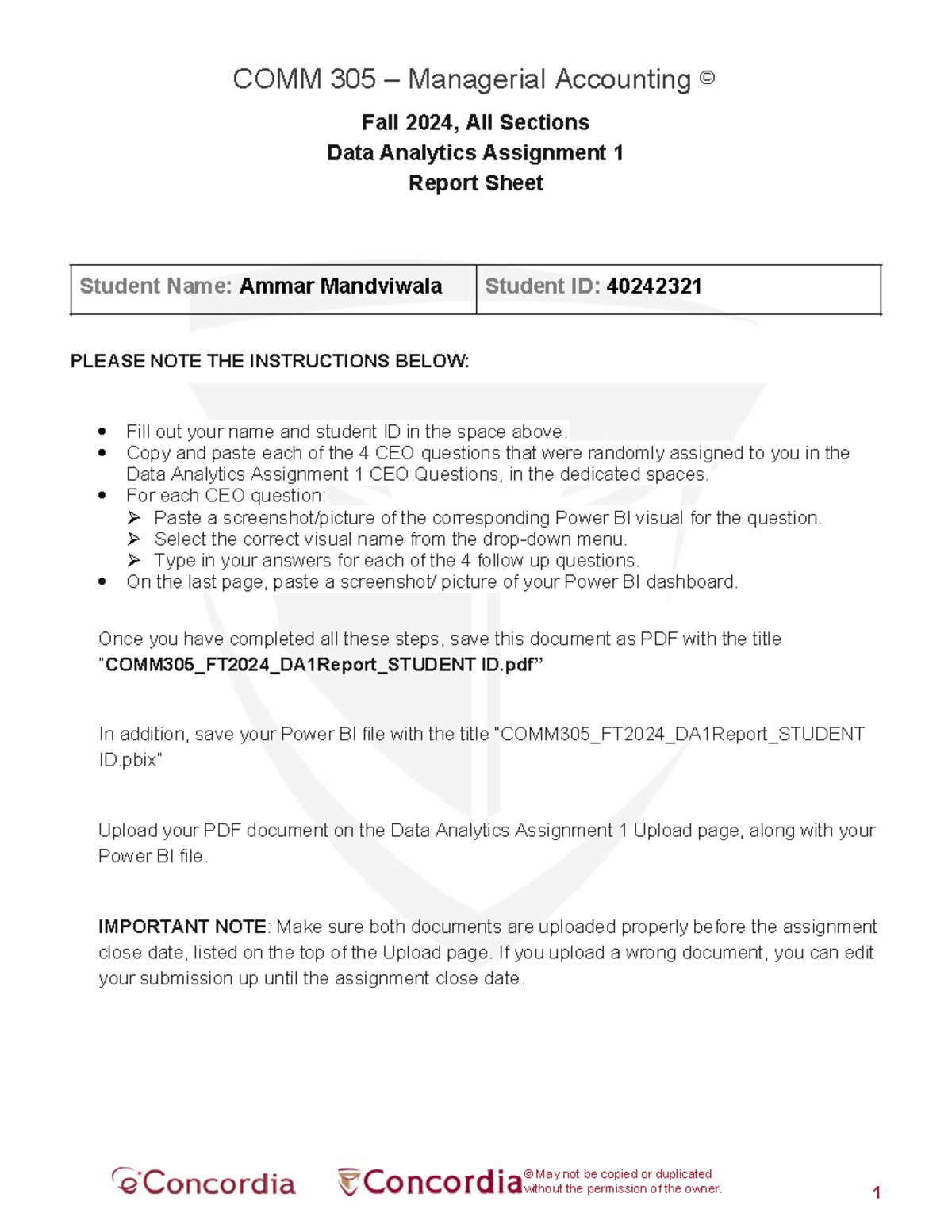 COMM 305 DA1 Report Sheet Guidelines for Fall 2024 - Studocu