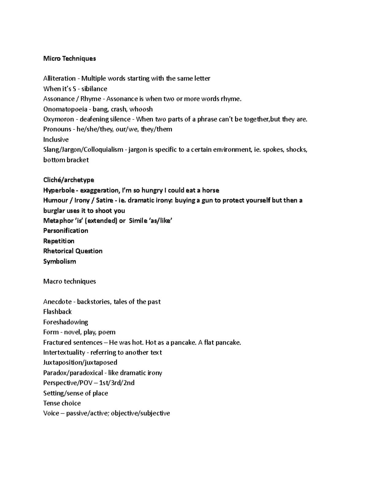 Techniques in Literature: Micro & Macro Elements Overview - Studocu
