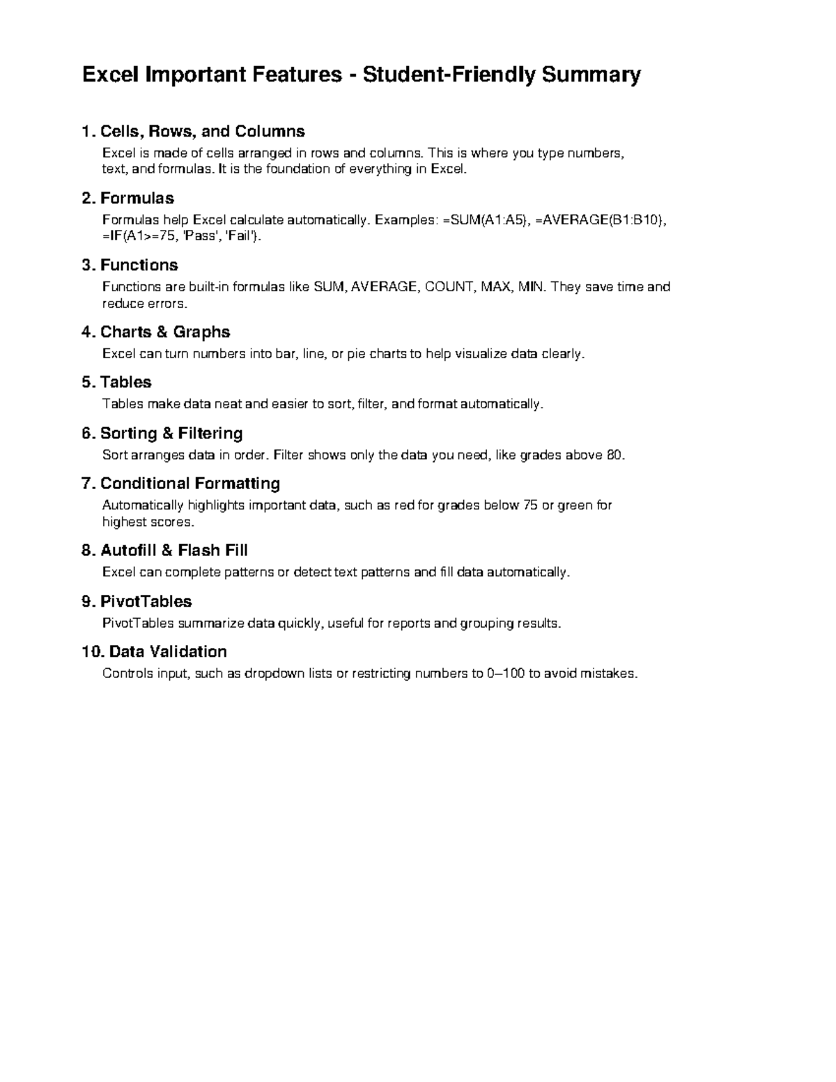 Excel Important Features Summary for Students - Studocu