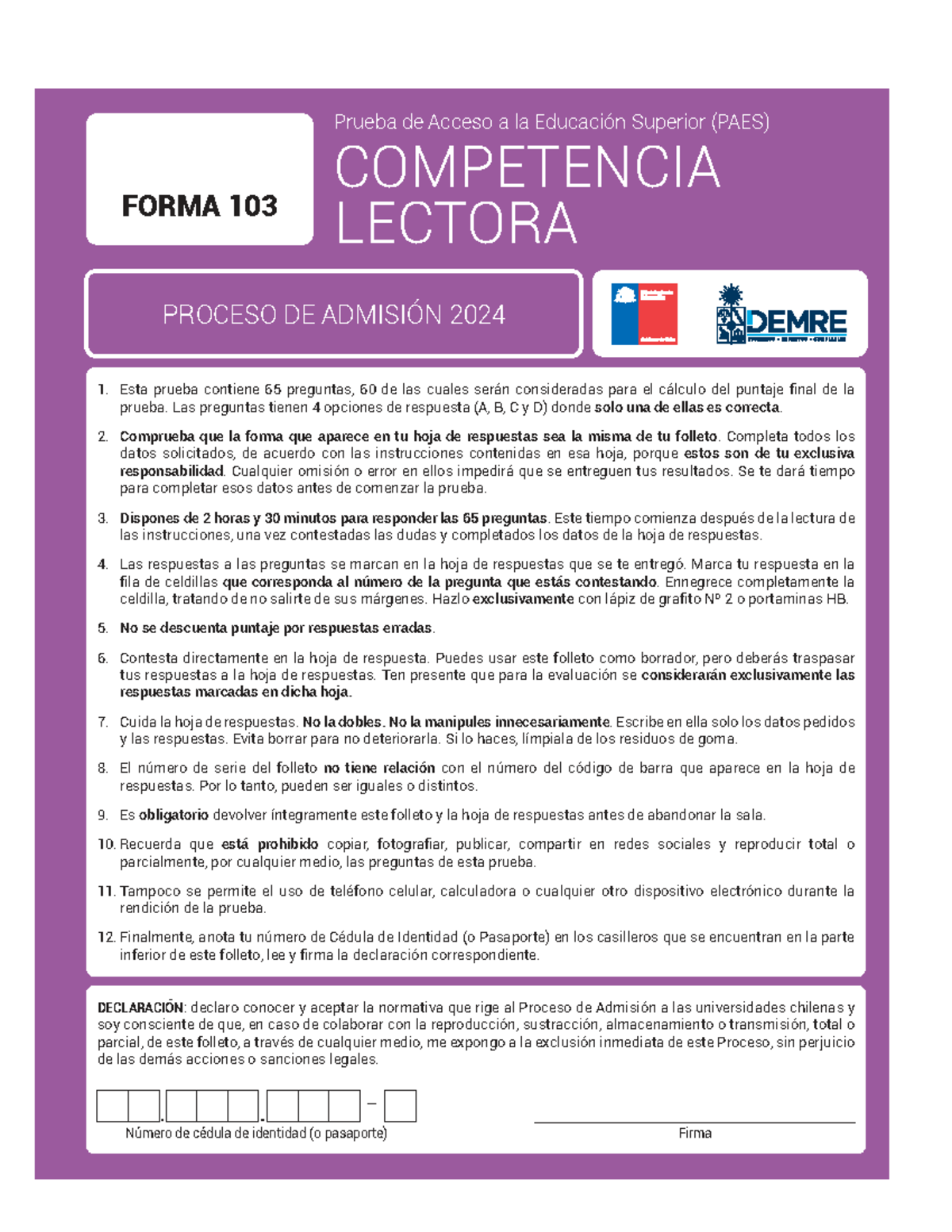 PAES FORMA 103: Competencia Lectora Proceso de Admisión 2024 - Studocu