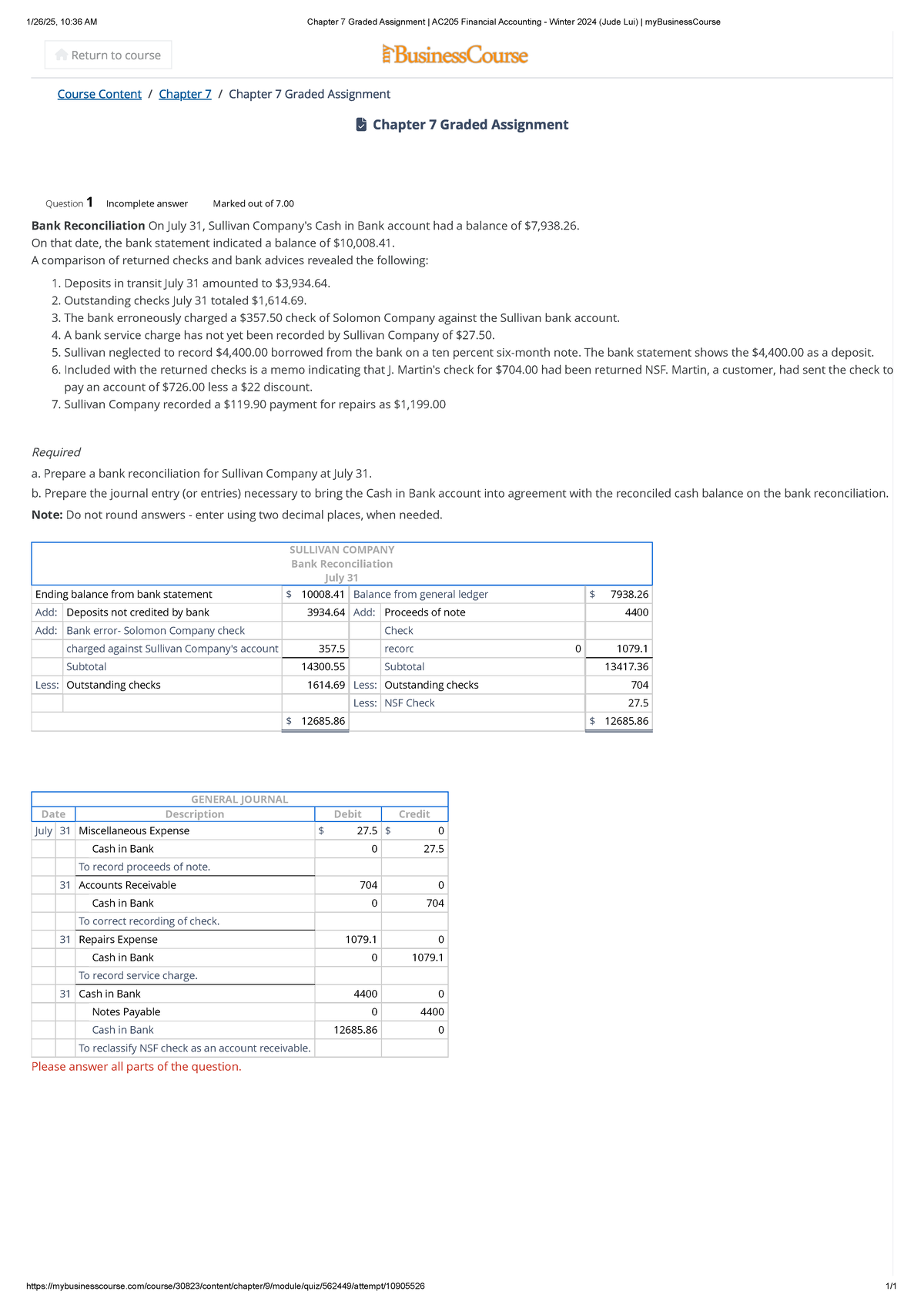 Chapter 7 Bank Reconciliation Graded Assignment AC205 Financial ...