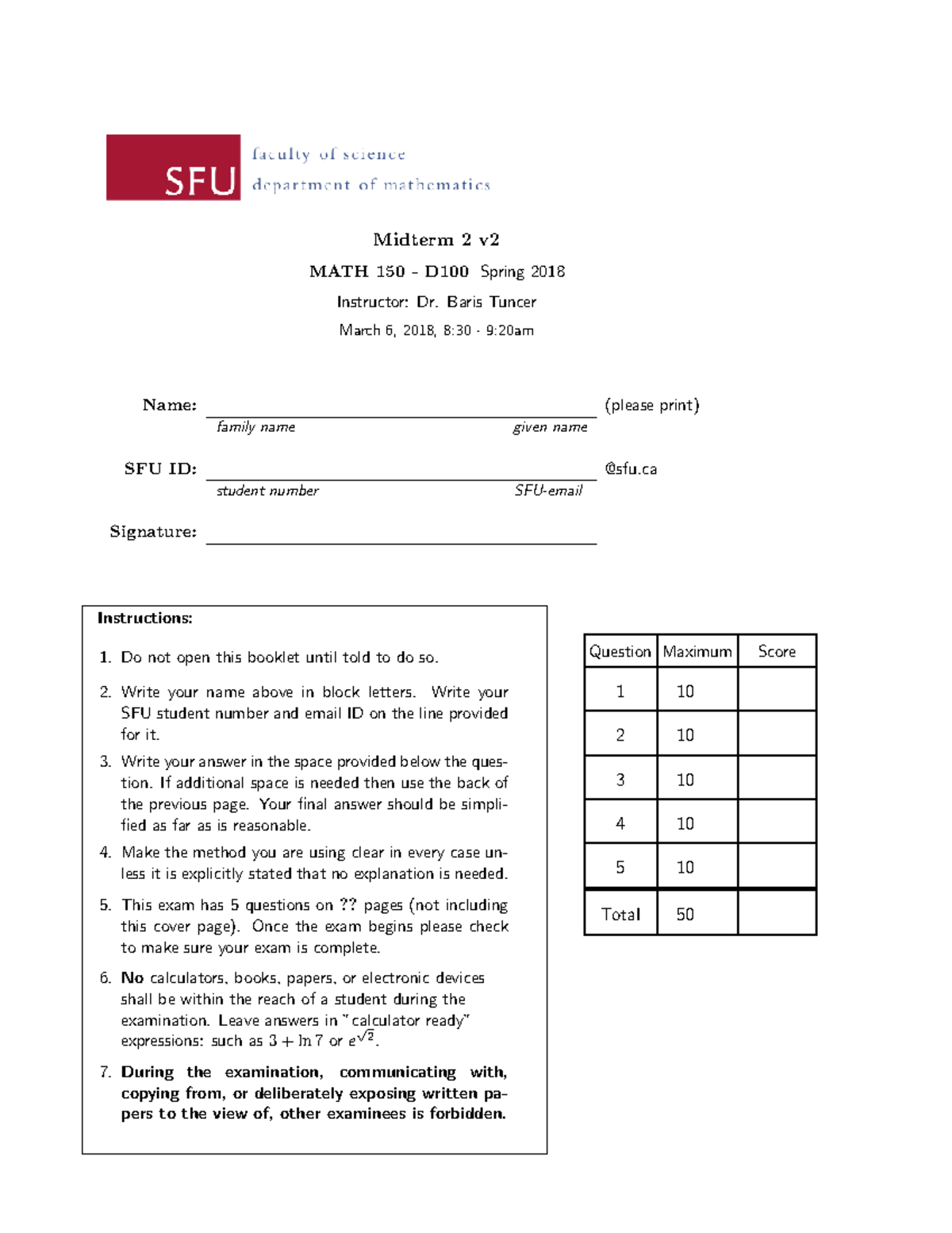 MATH 150 D100 Midterm Exam - Spring 2018 (Version 2) - Studocu
