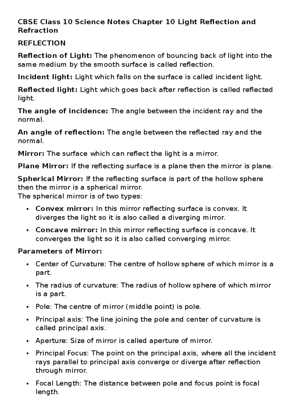 CBSE Class 10 Science Notes: Chapter 10 - Light Reflection & Refraction ...