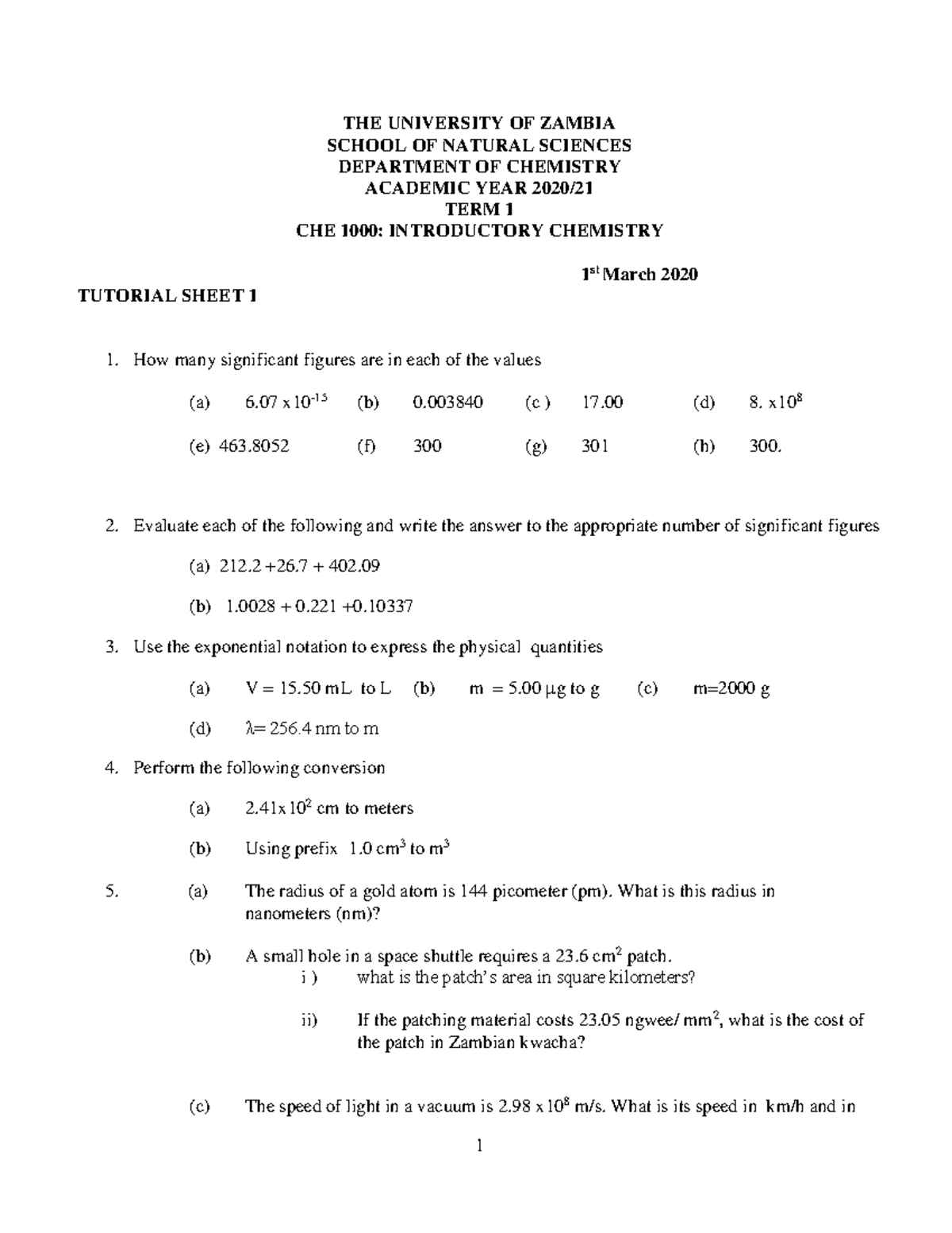 CHE 1000 Tutorial Sheet 1 - Significant Figures & Conversions - Studocu