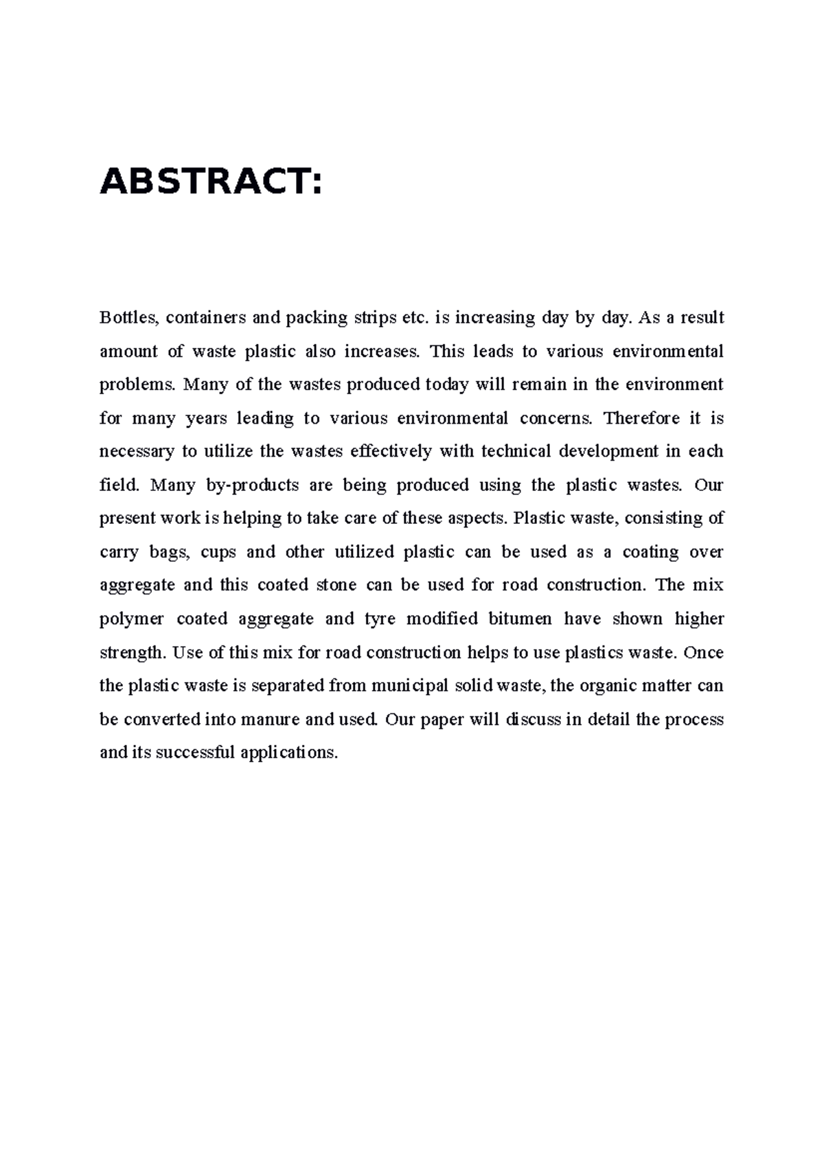 Waste Plastic For Road Pavement pdf - ABSTRACT: Bottles, containers and ...
