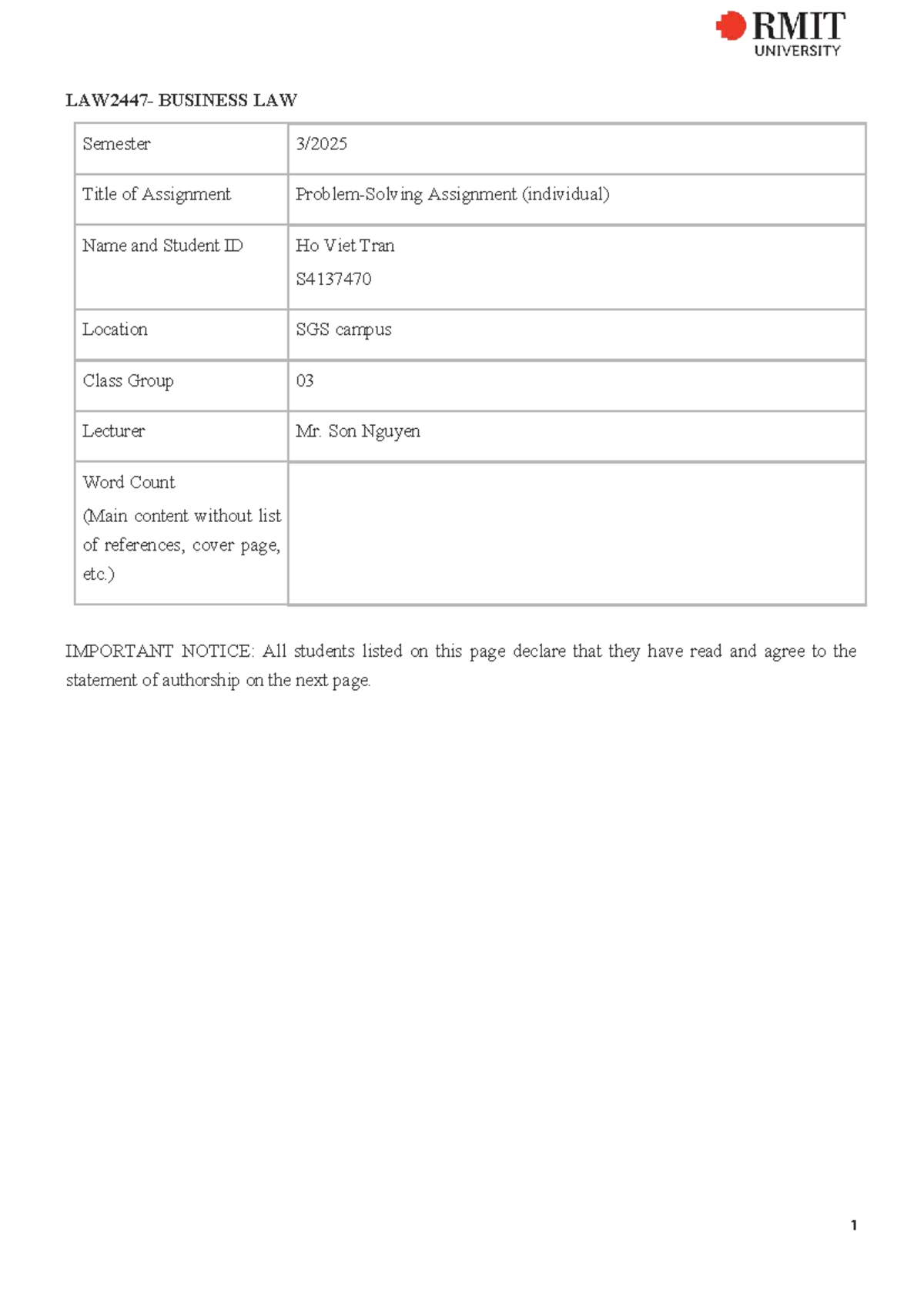 BUSINESS LAW S4137470 Assignment 2: Case Analysis and Legal Principles ...