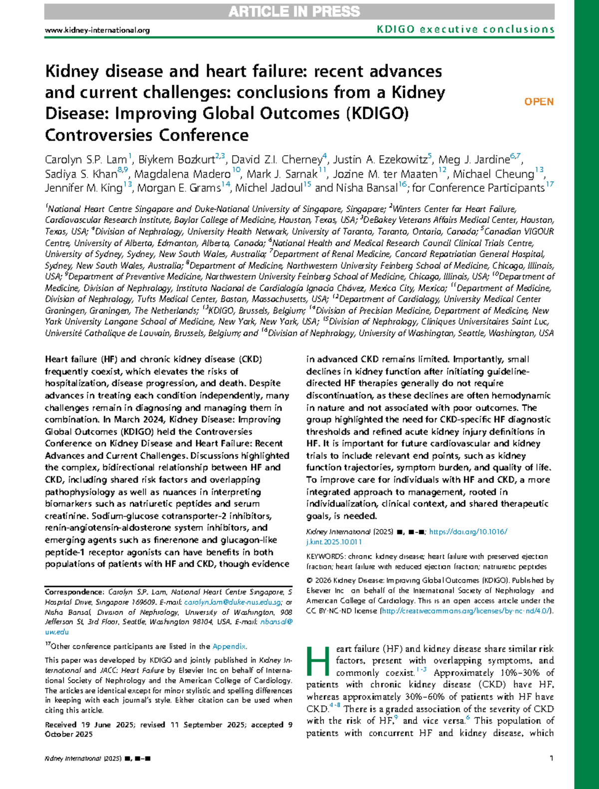 KDIGO Conference Report: Heart Failure and Chronic Kidney Disease ...