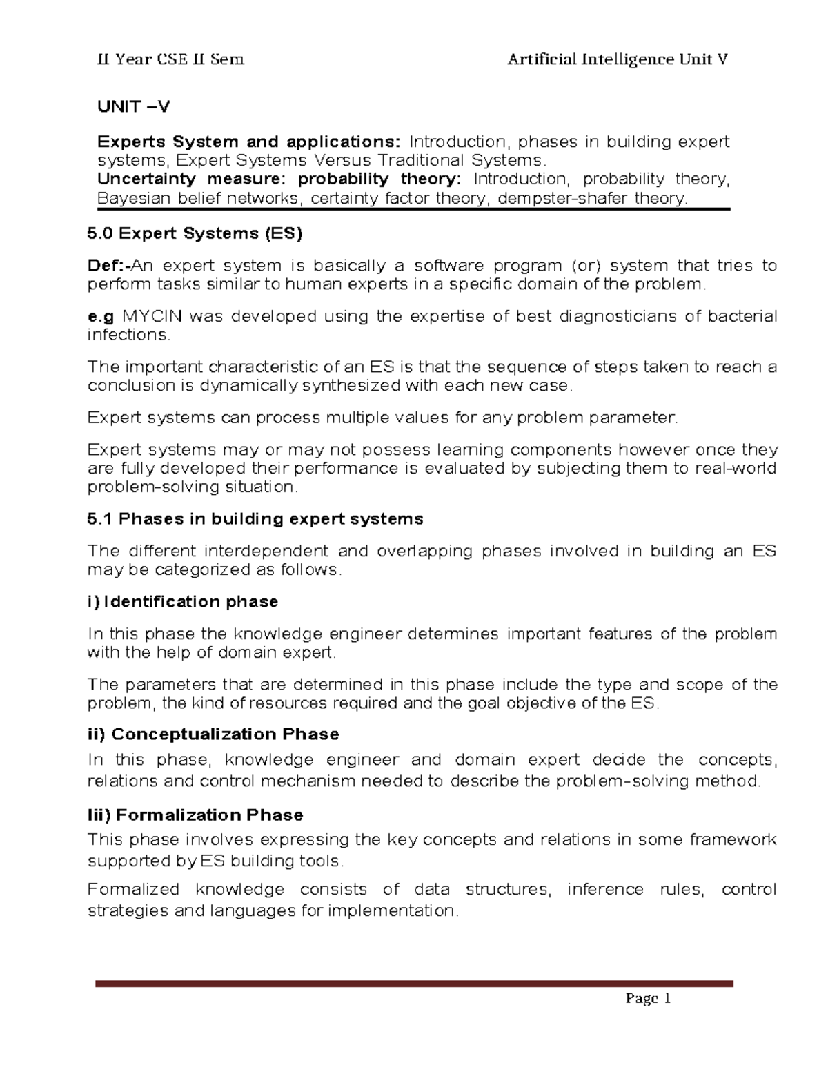 II Year CSE II Sem AI Unit V: Expert Systems, Uncertainty Measures ...