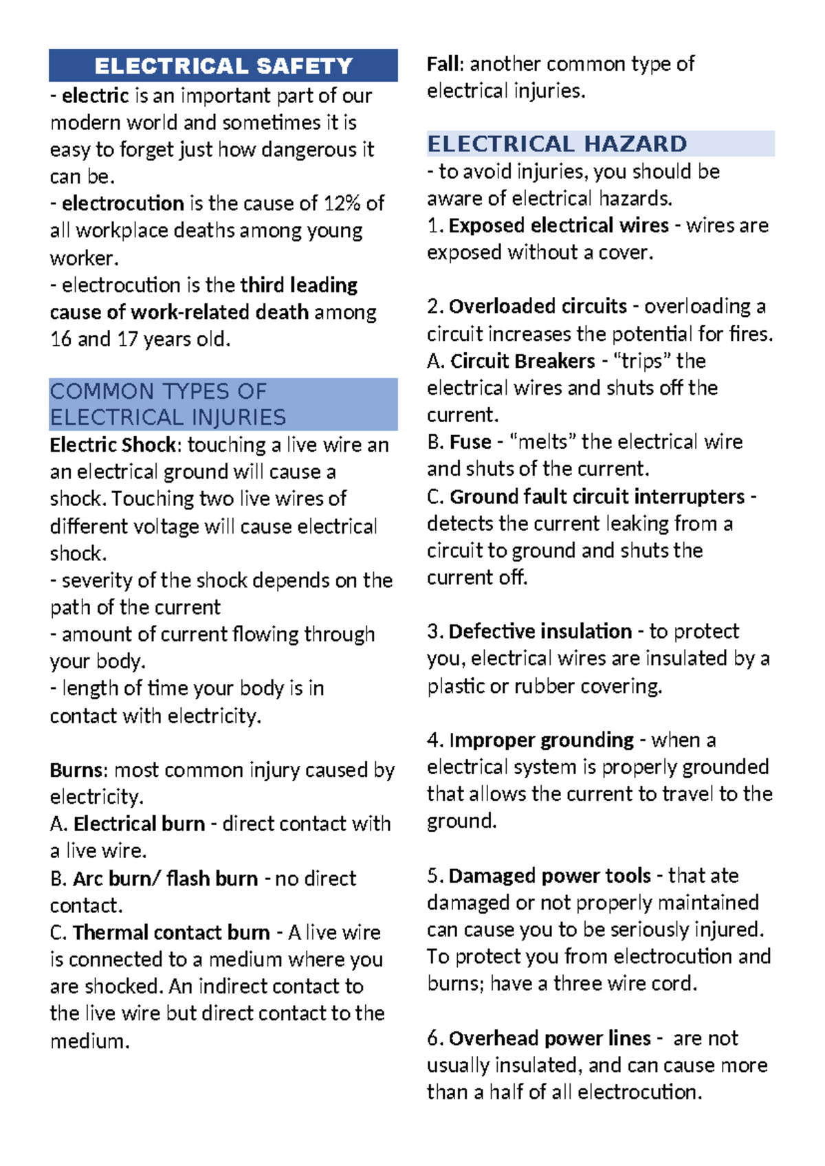 ELECTRICAL SAFETY: Key Concepts and Hazards in PHYS 101 Notes - Studocu