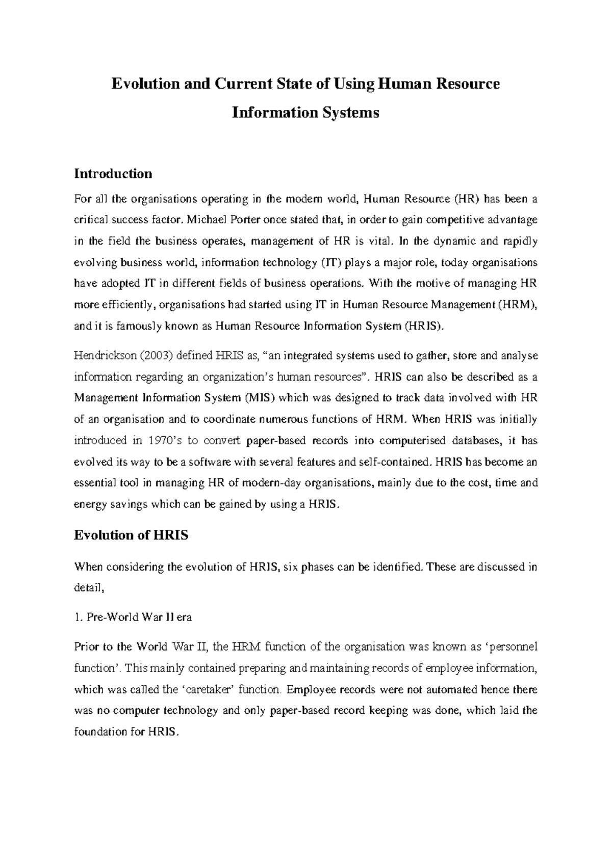 Analysis of Human Resource Information Systems - Evolution and Current ...