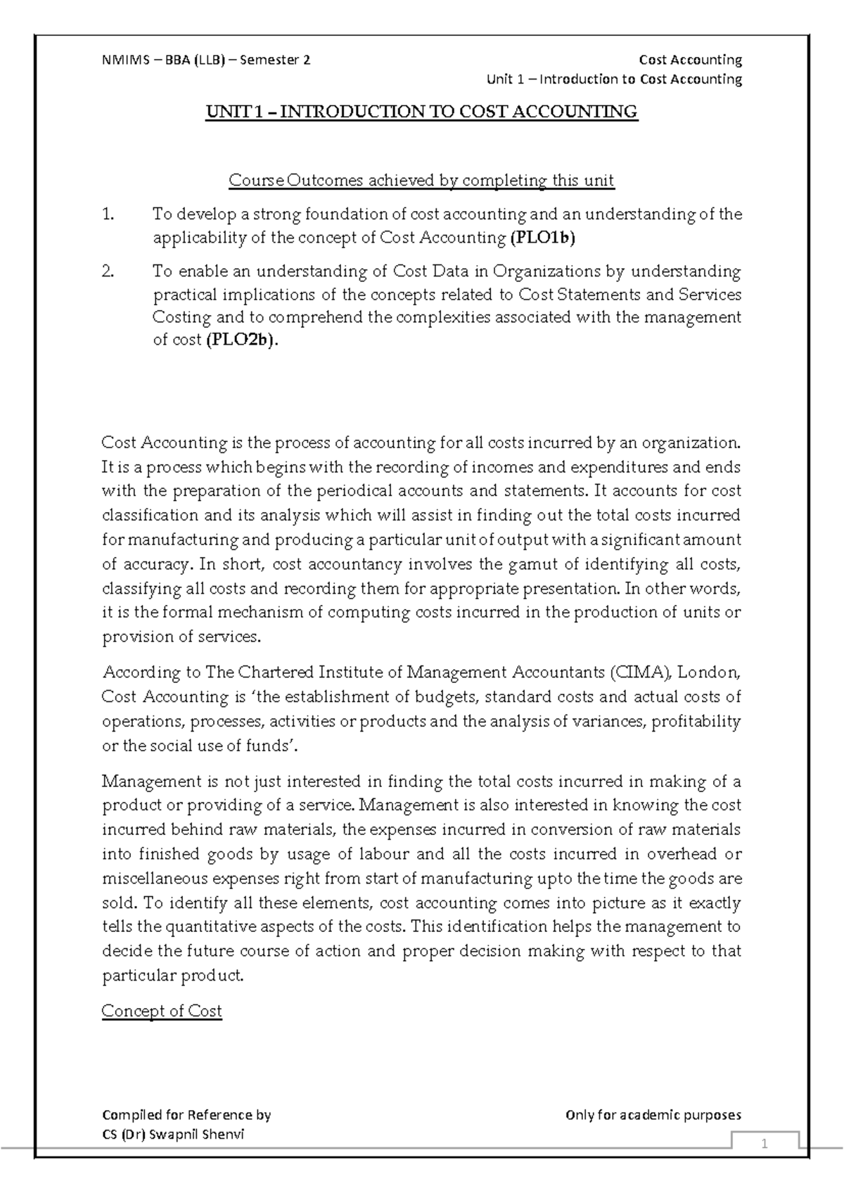 Cost Accounting (BBA-LLB Sem 2) - Key Concepts and Important Notes ...