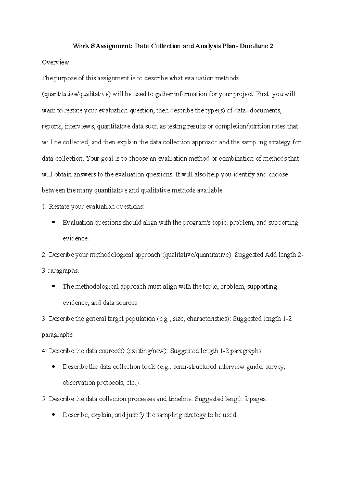 Week 8 Assignment: Data Collection & Analysis Plan Overview - Studocu