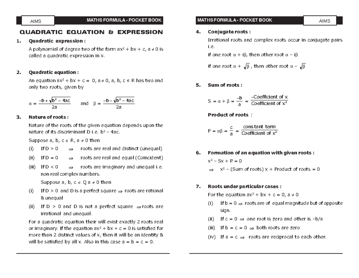 AIMS MATHS FORMULA POCKET BOOK: Quadratic Equations & Complex Numbers ...