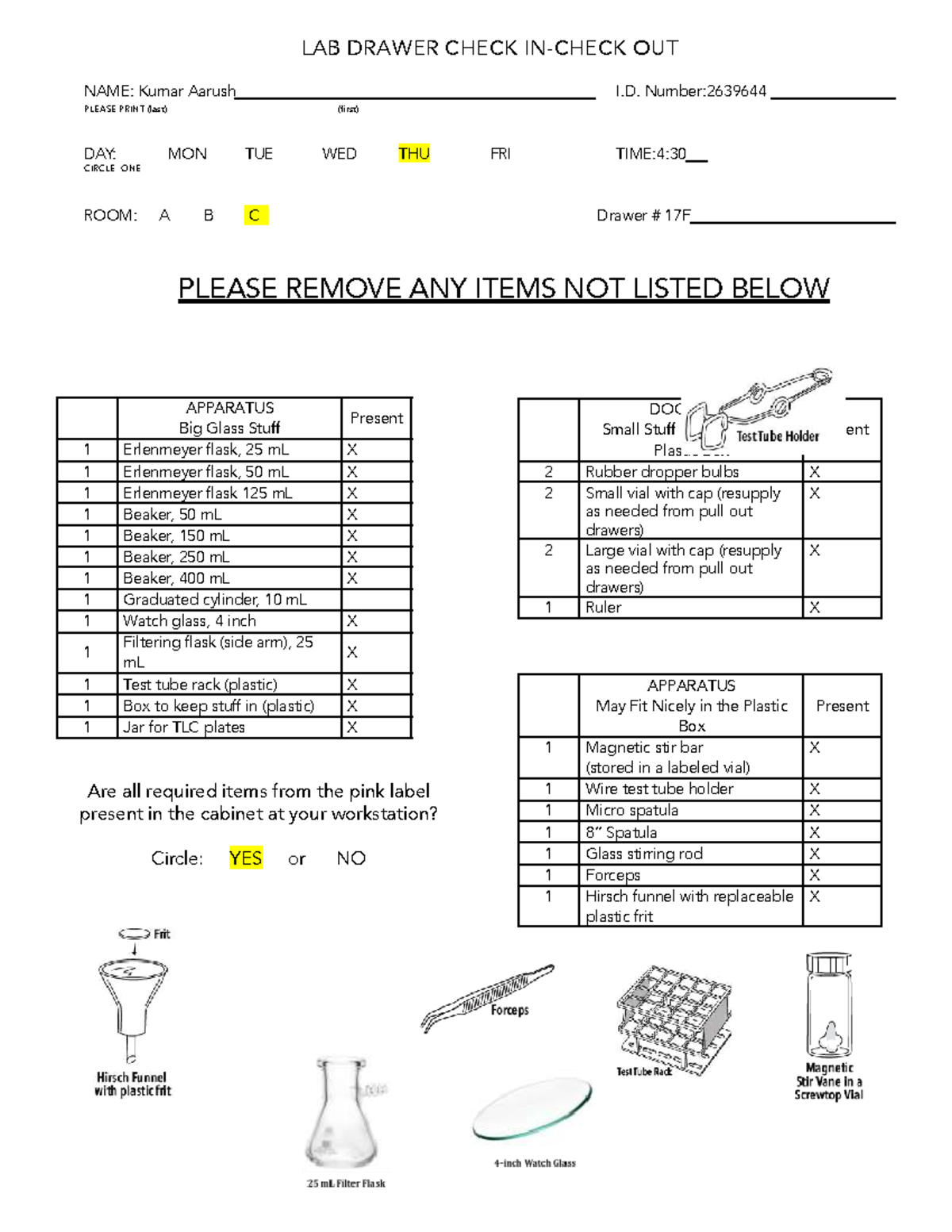 Chem 204L Lab Drawer Content Checklist - Studocu