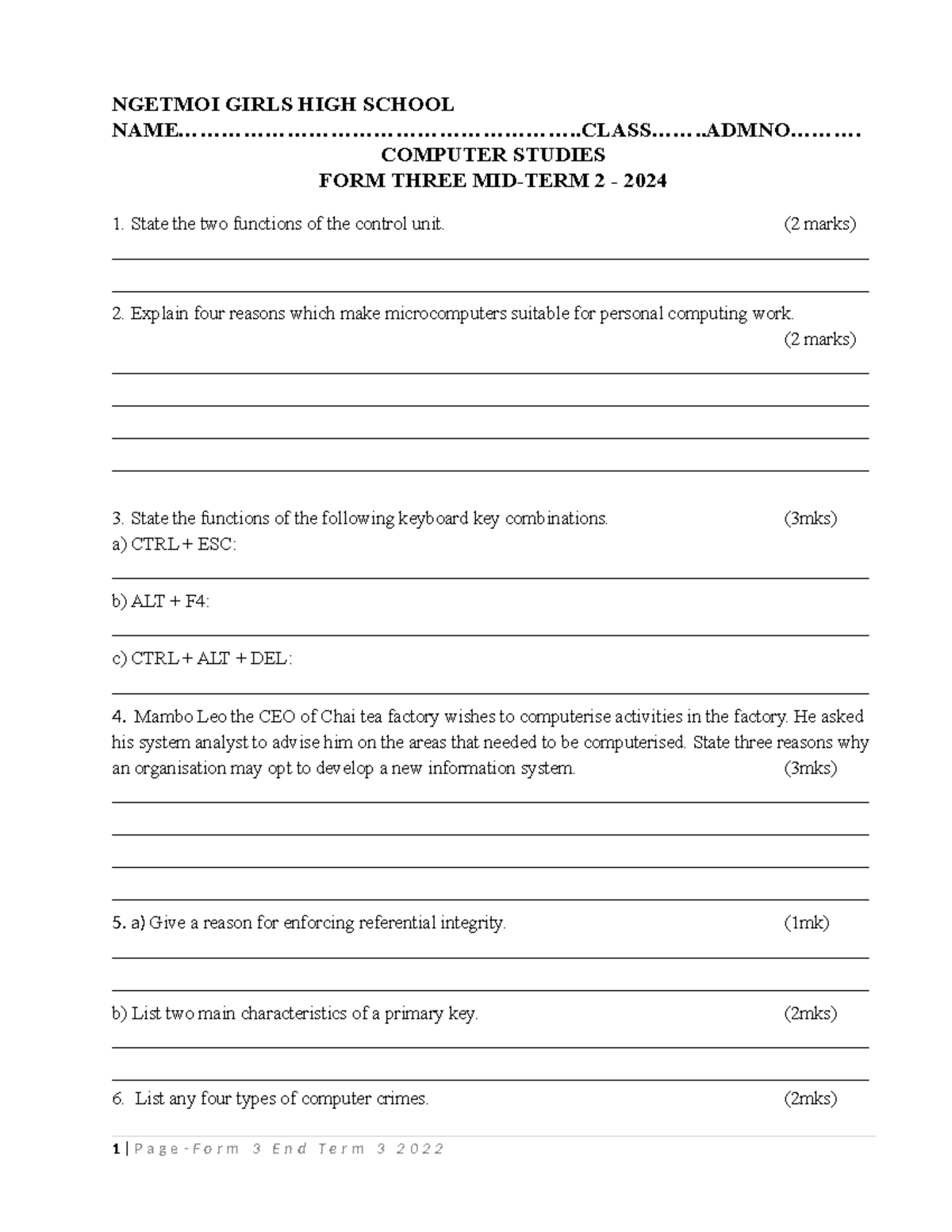 Computer Studies F3 Midterm Review Questions - 2024 - Studocu