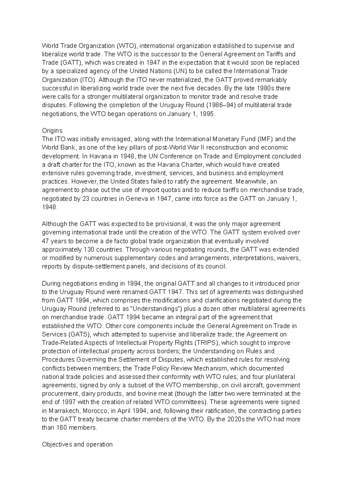 WTO Overview: History, Objectives, and Operations - Studocu