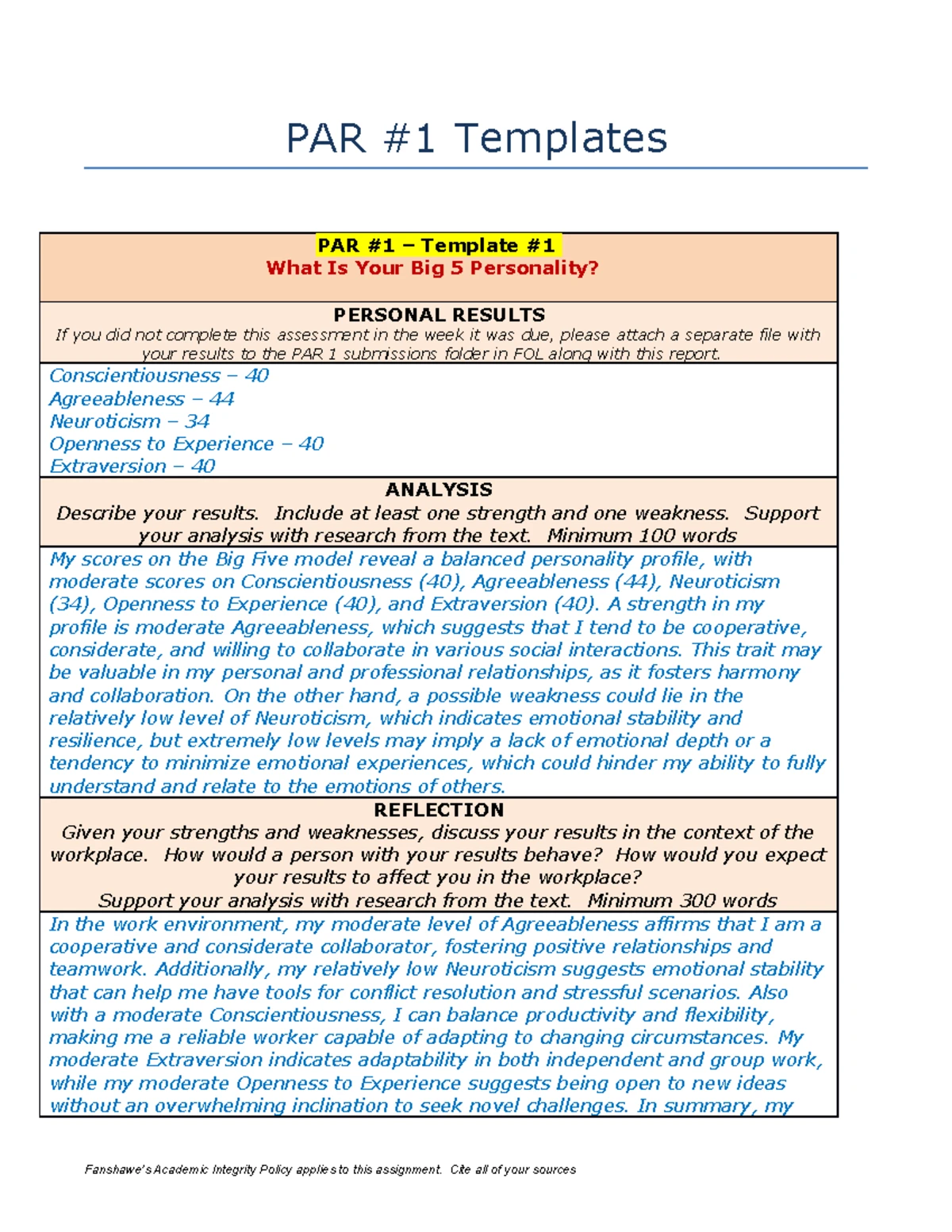 PAR #1 Personality Assessment & Analysis Templates - Studocu