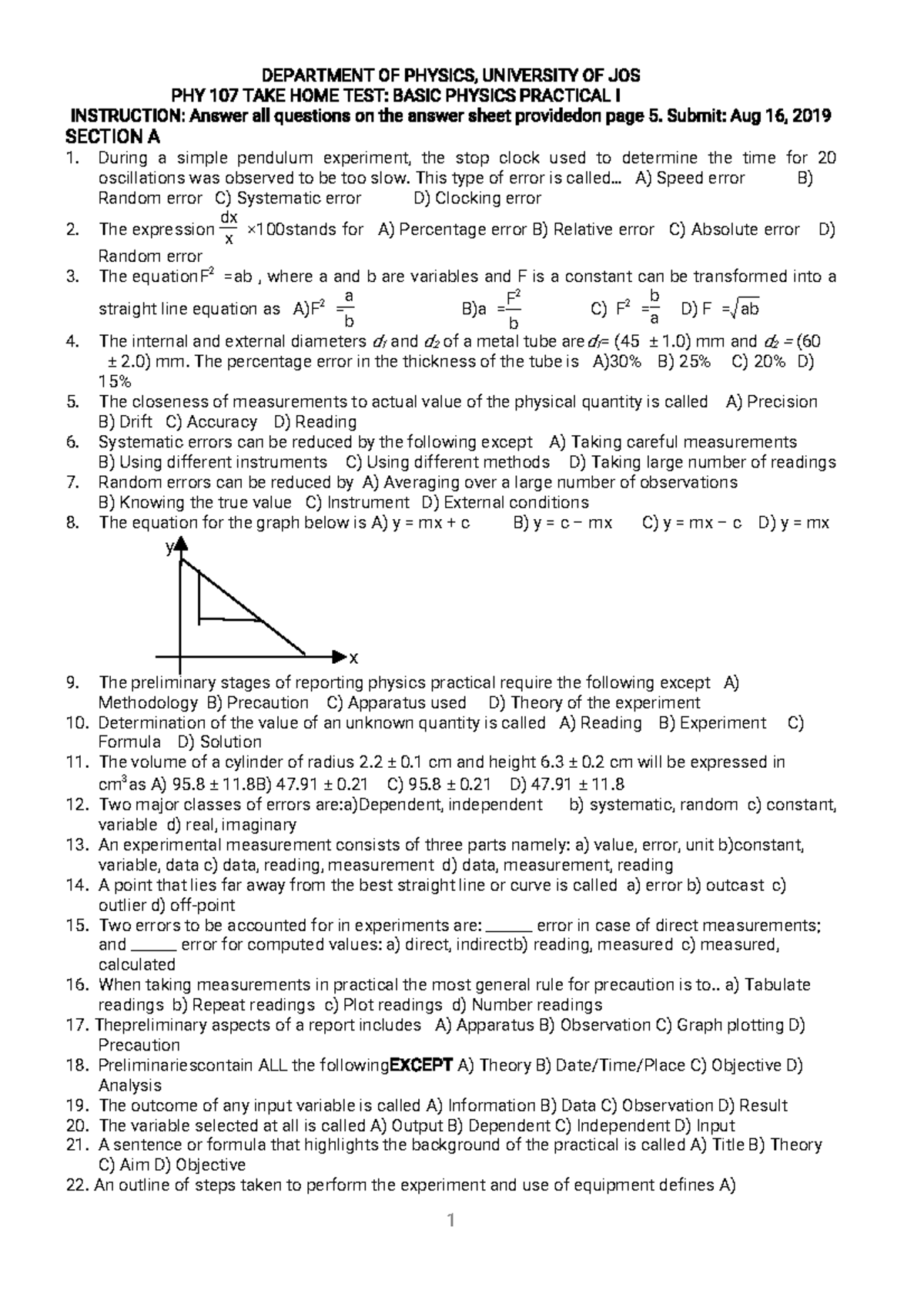 PHY107 TAKE HOME TEST: BASIC PHYSICS PRACTICAL INSTRUCTIONS - Studocu