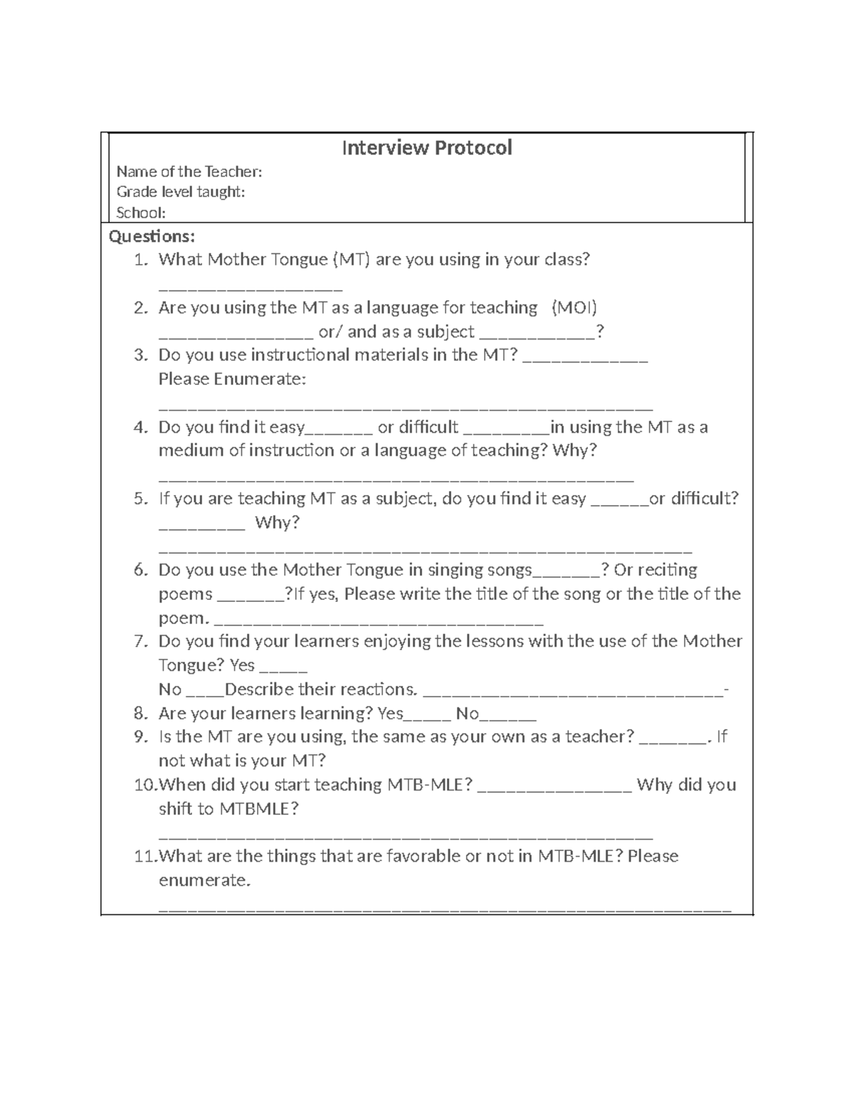 Interview Protocol - Interview Protocol Name of the Teacher: Grade ...