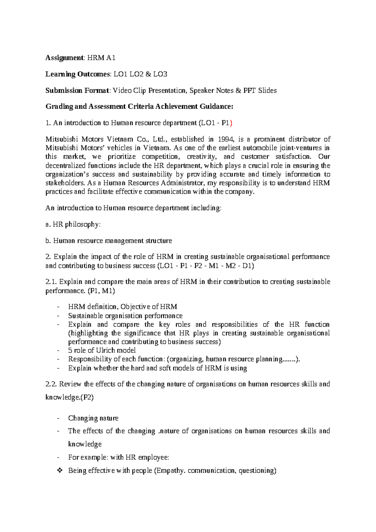 Inbound 3470448350197266015 - Assignment: HRM A Learning Outcomes: LO1 ...