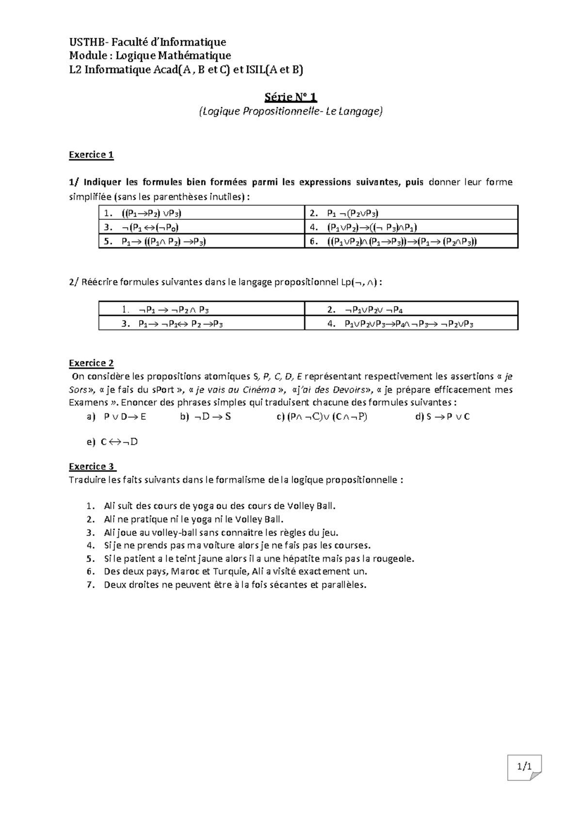 Série 1 - Logique Mathématique L2 Informatique: Exercice sur Formules ...