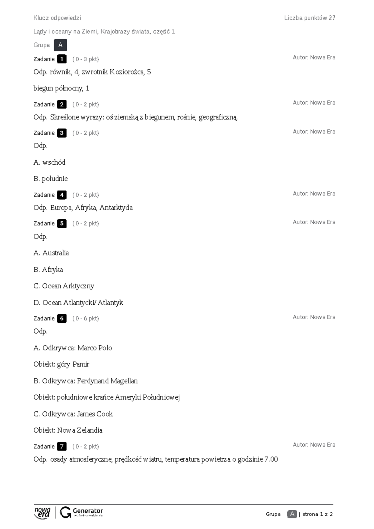 Sprawdzian Przyroda Klasa 6 Lądy I Oceany www.studocu.com