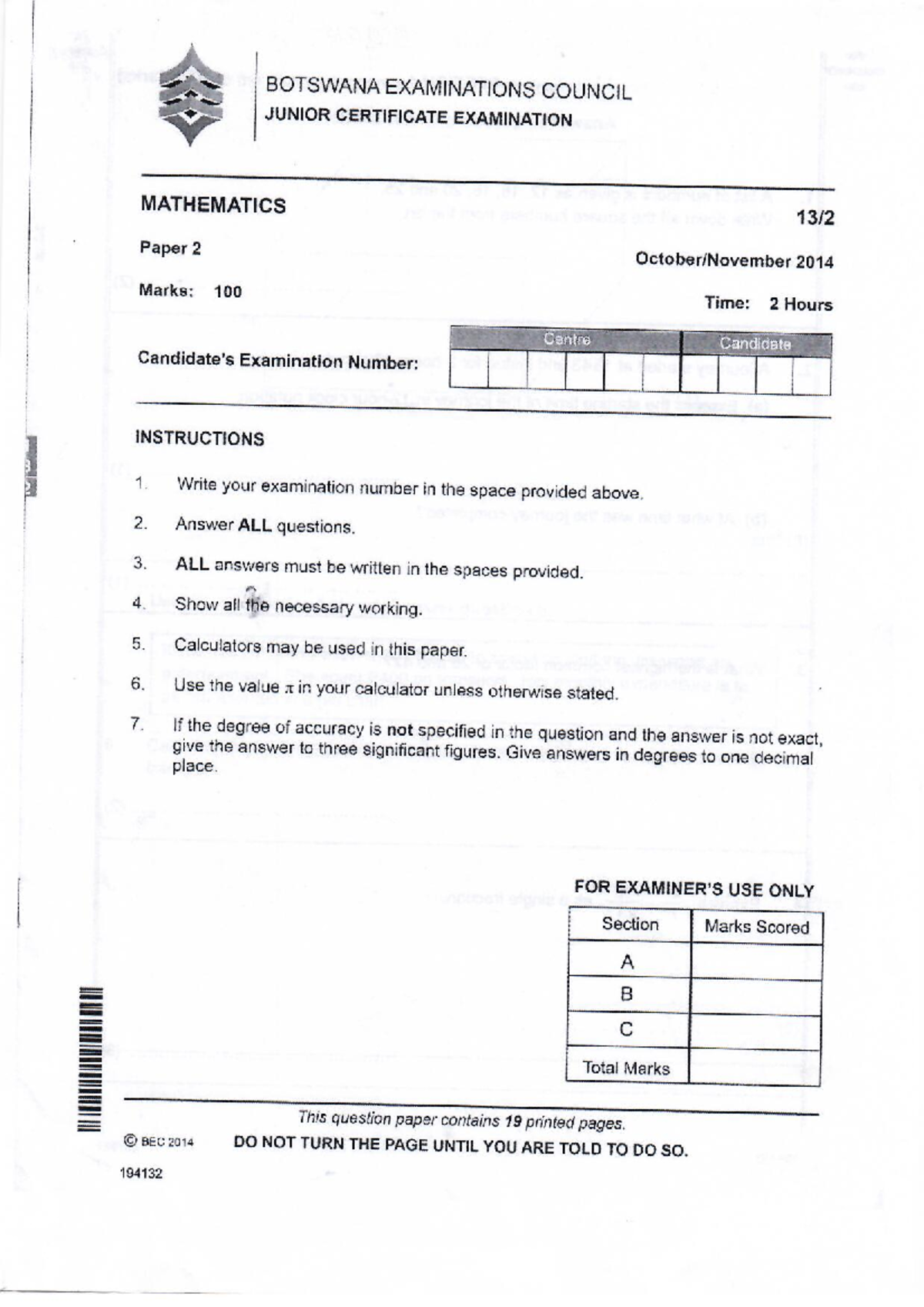 Maths JCE 2014 Paper 2 Summary and Solutions - Studocu