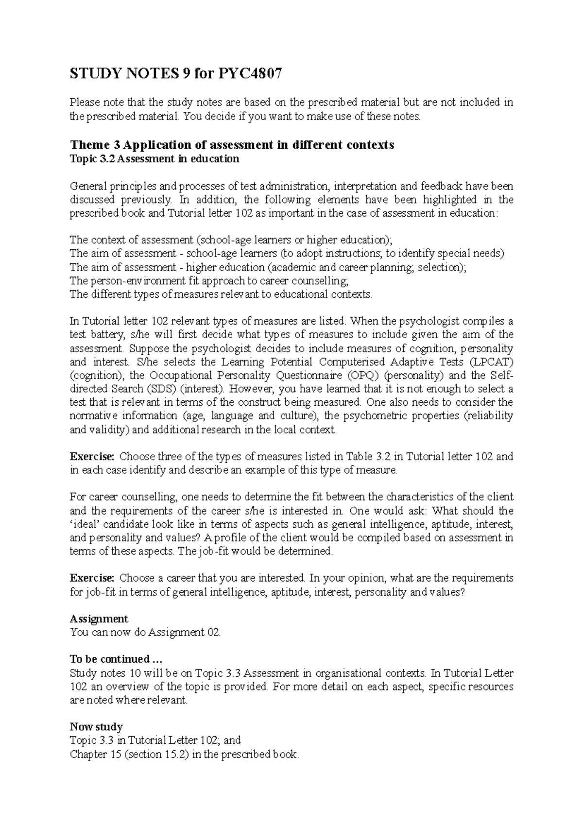 Study Notes 9 for PYC4807 - STUDY NOTES 9 for PYC Please note that the ...