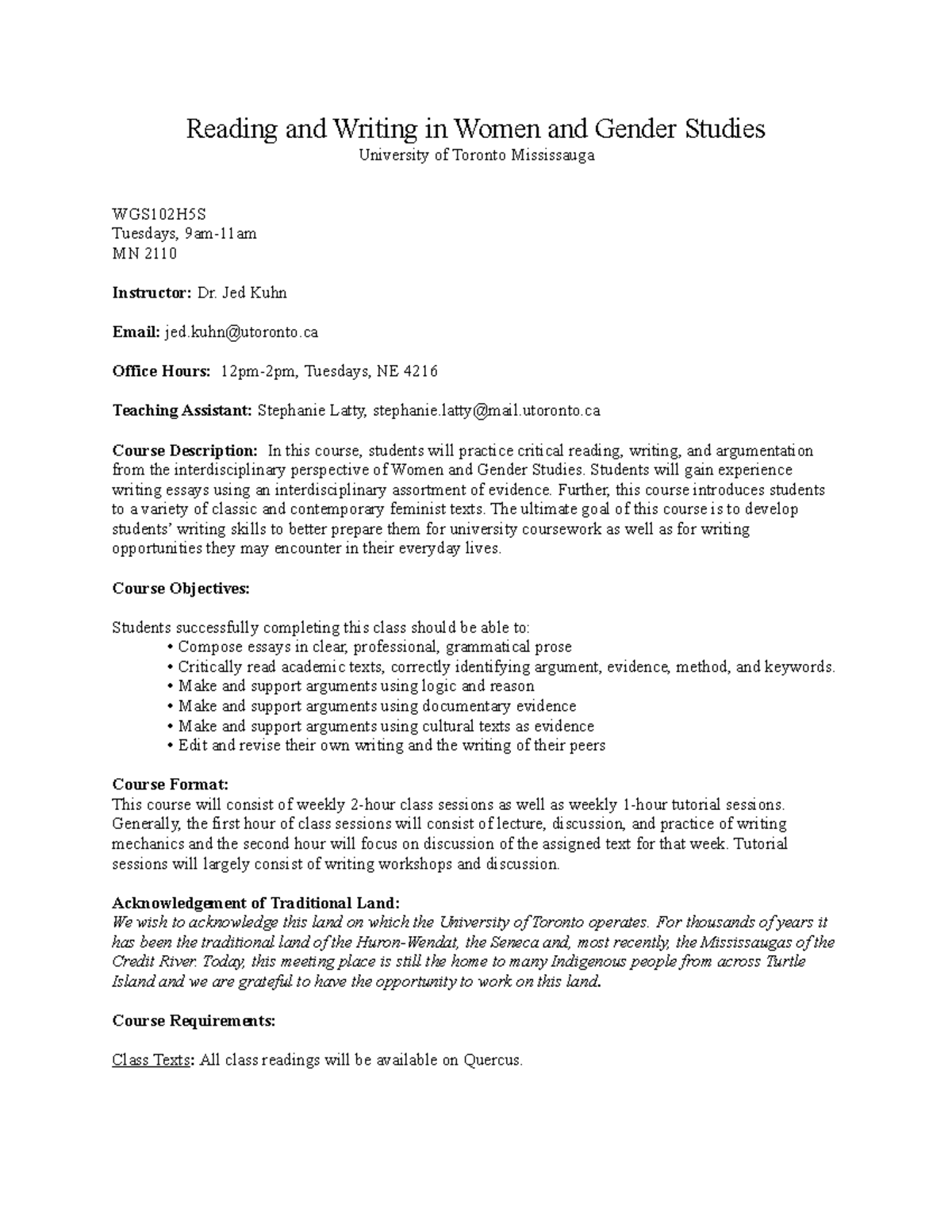 Syllabus reading and writing in wgs 2020 - Reading and Writing in Women ...