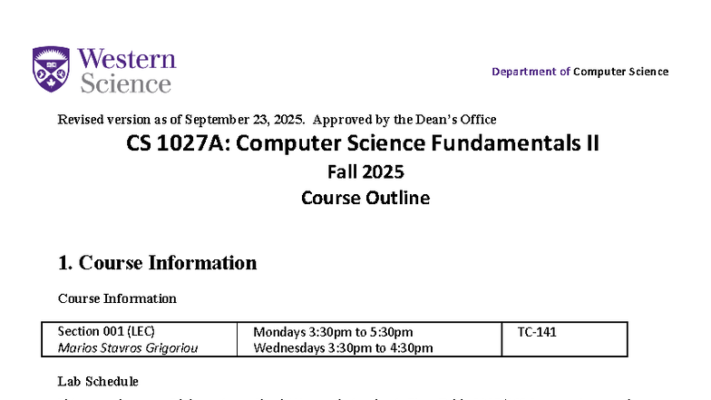CS1027A Course Outline: Computer Science Fundamentals II (Fall 2025 ...