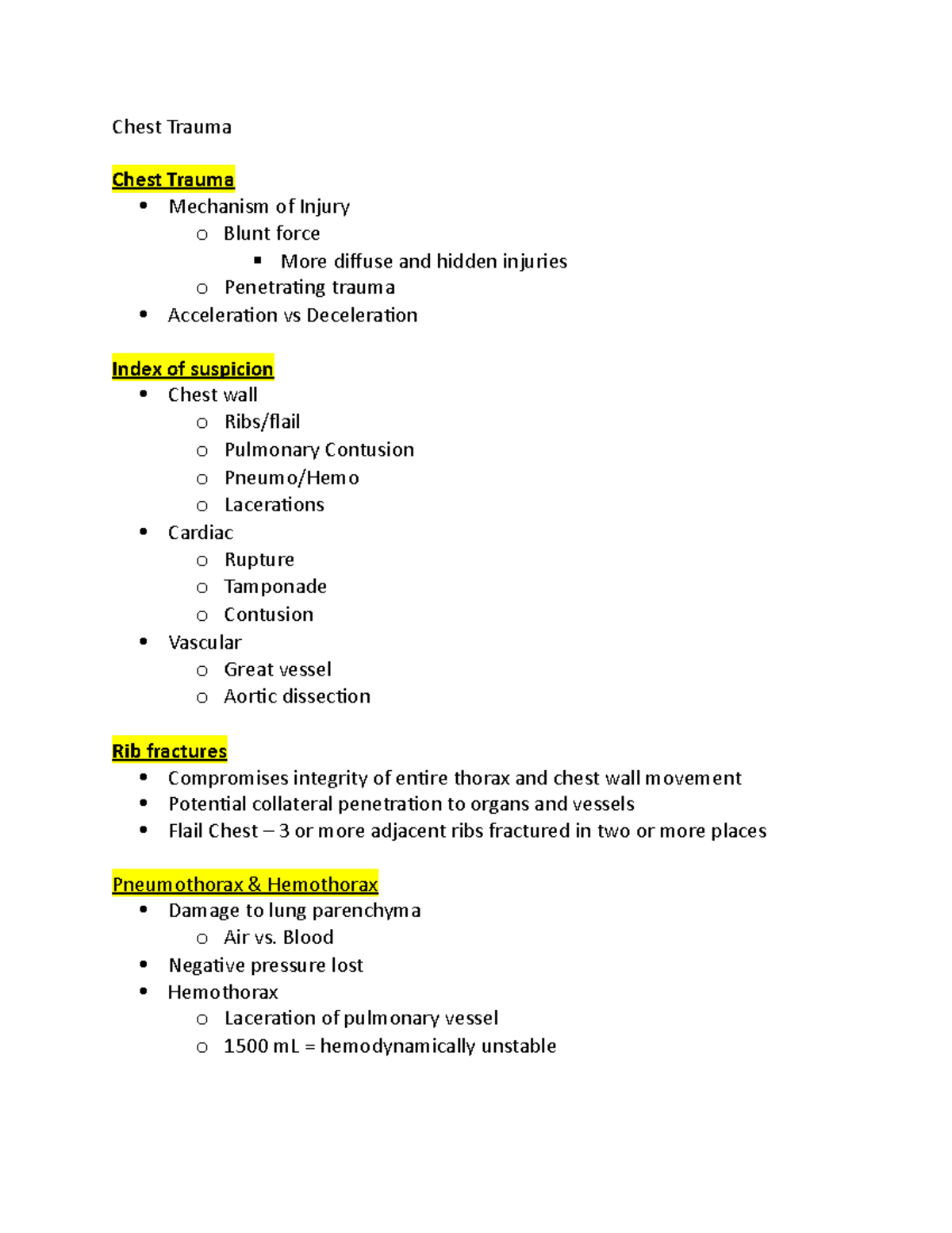 Chest Trauma class notes - Chest Trauma Chest Trauma Mechanism of ...