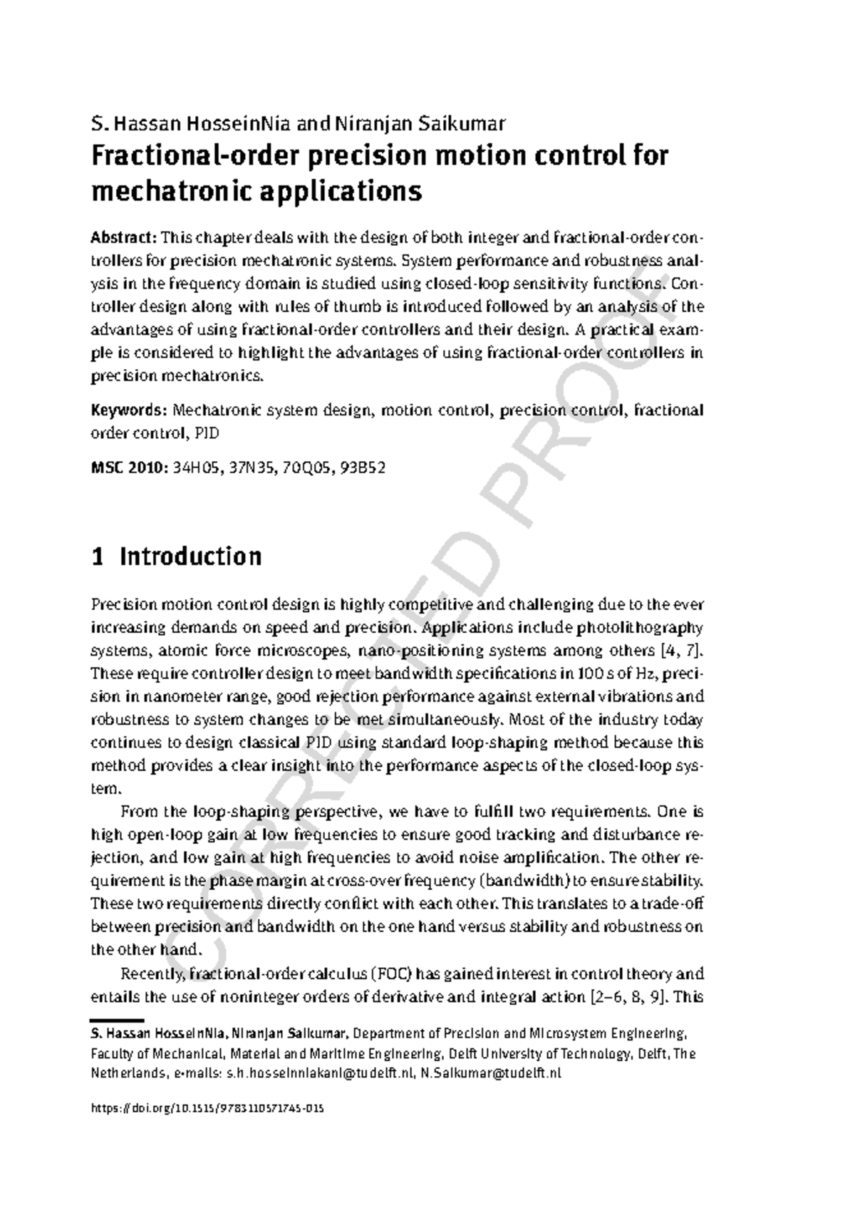 Mechatronics Chapter: Precision Motion Control via Fractional-Order ...