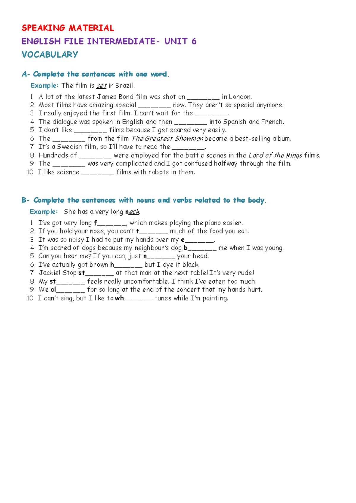 Speaking int 6 - material - SPEAKING MATERIAL ENGLISH FILE INTERMEDIATE ...