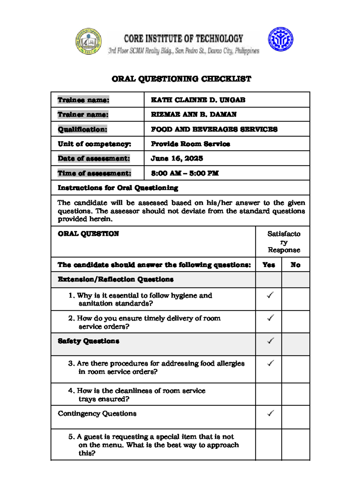 Finale Oral Questioning and Model Answer Answer to Oral Questioning ...