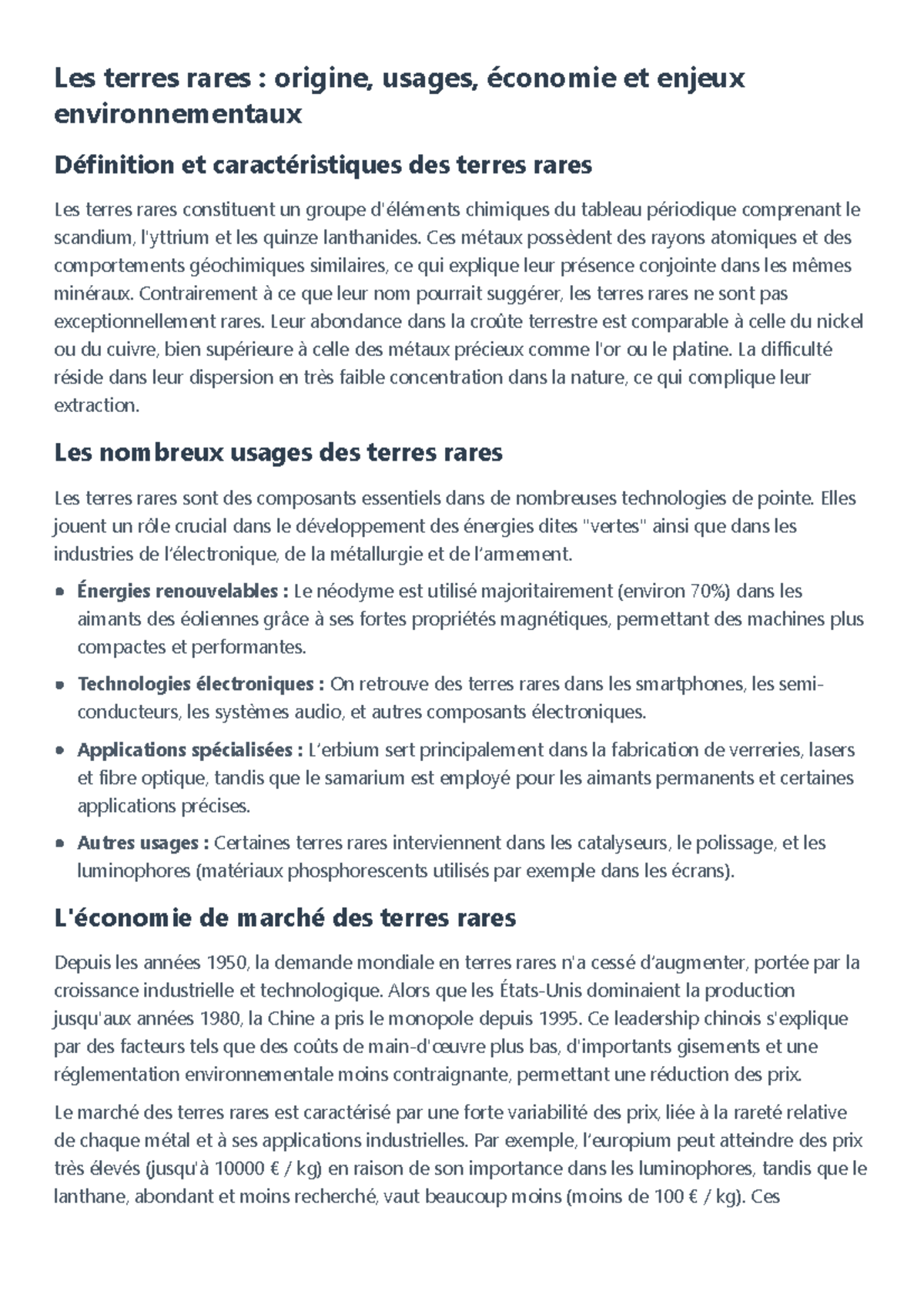 Terres Rares : Origine, Usages et Enjeux Environnementaux - Studocu