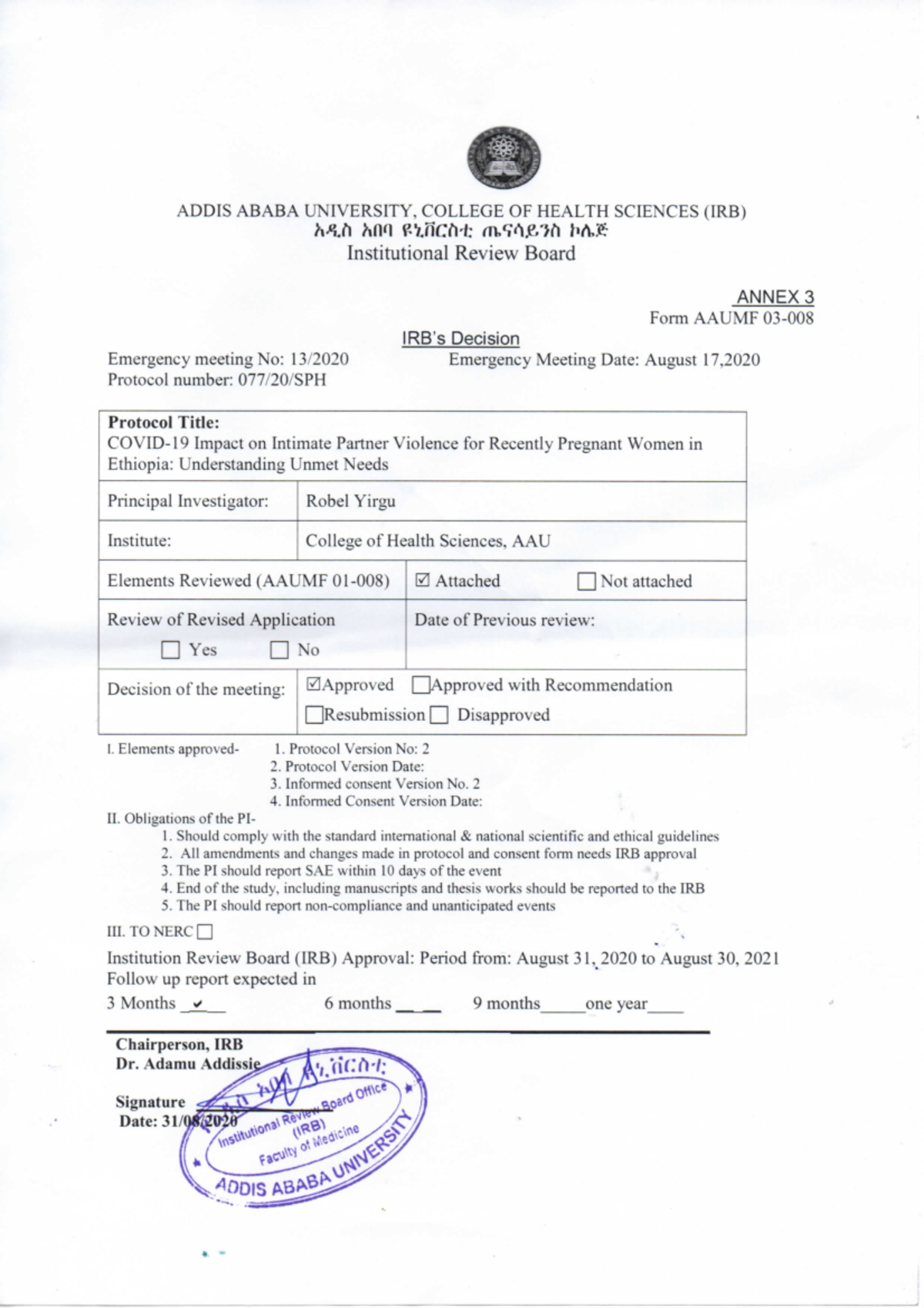 IRB Letter IPV and Covid-19 - ADDIS ABABA UNIVERSITY, COLLEGE OF HEALTH ...
