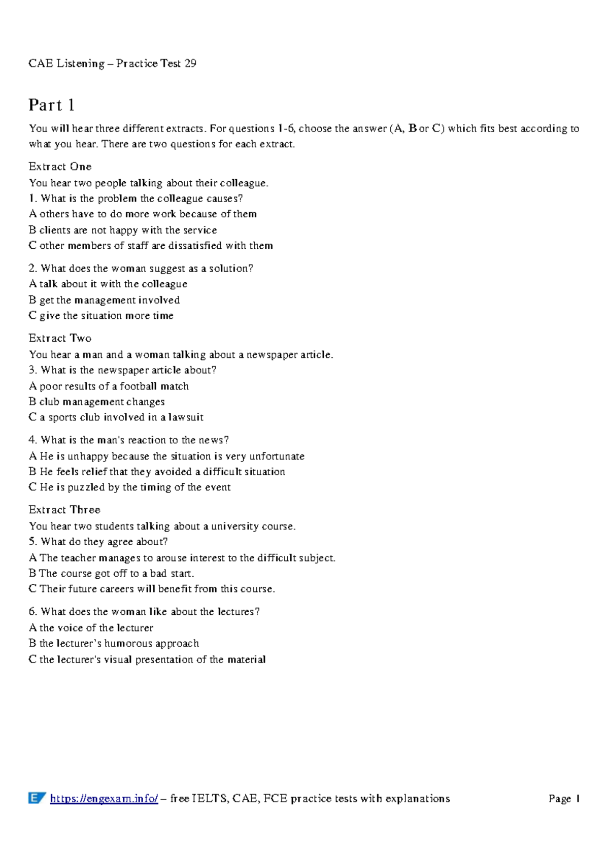 CAE Listening Practice Test 29: Extracts and Answer Keys - Studocu
