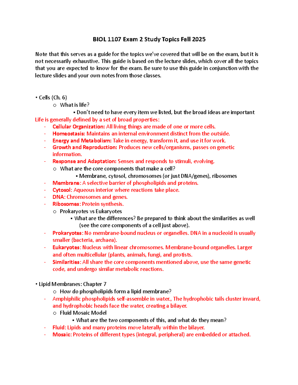 BIOL 1107 Exam 2 Study Guide - Key Topics for Fall 2025 - Studocu