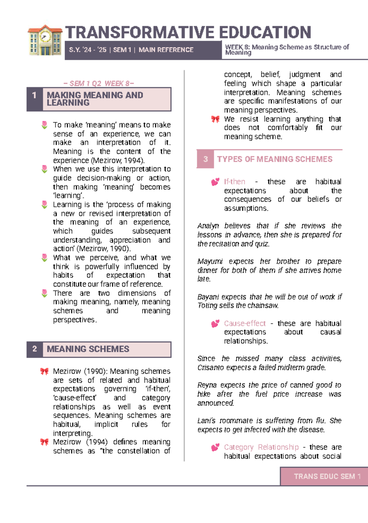 TRANSFORMATIVE EDUCATION SEM 1: Week 8 Lecture Notes on Meaning Schemes ...