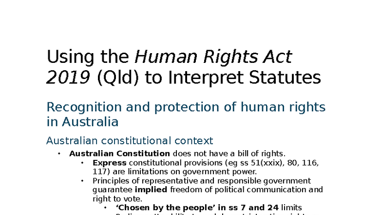 LLB107 Week 11 Notes: Human Rights Act 2019 (Qld) and Statutory ...