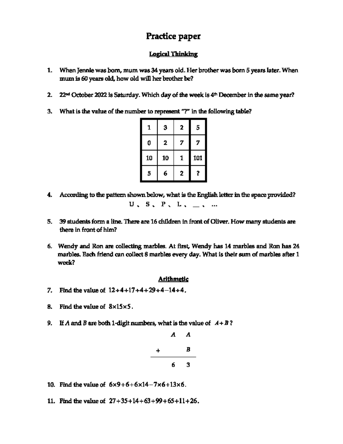 Practice Paper - Ôn tập TIMO 2: Logical Thinking & Math Problems - Studocu