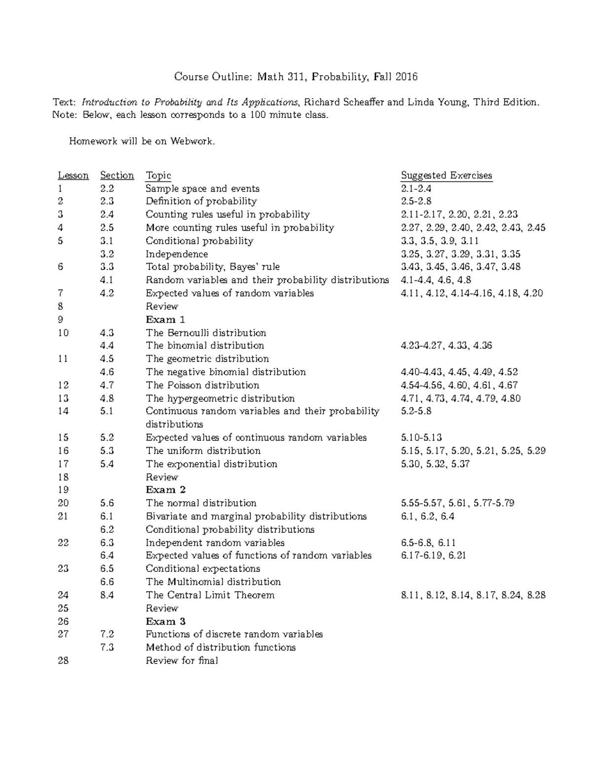 MTH 311 Course Outline: Probability, Fall 2016 Syllabus - Studocu