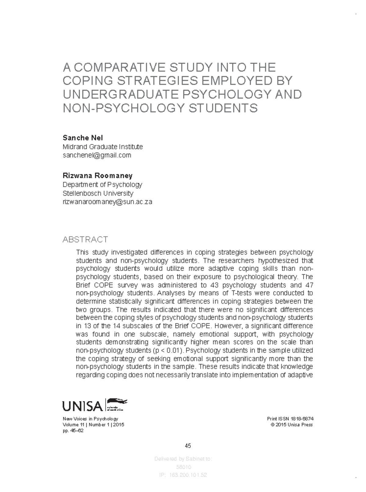 Comparative Study of Coping Strategies in Psychology Students (PSY101 ...