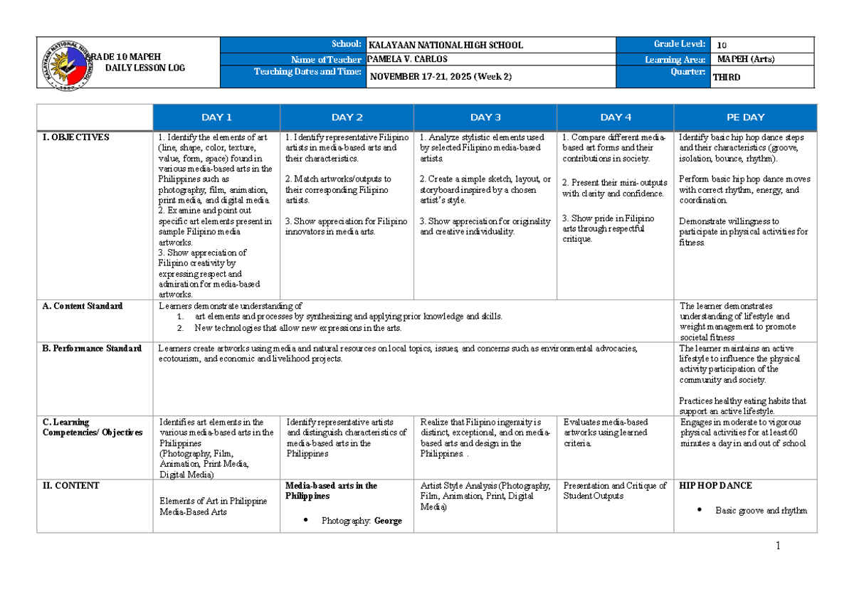 DLL G10 Q3 W2: Daily Lesson Log for MAPEH Arts - Studocu