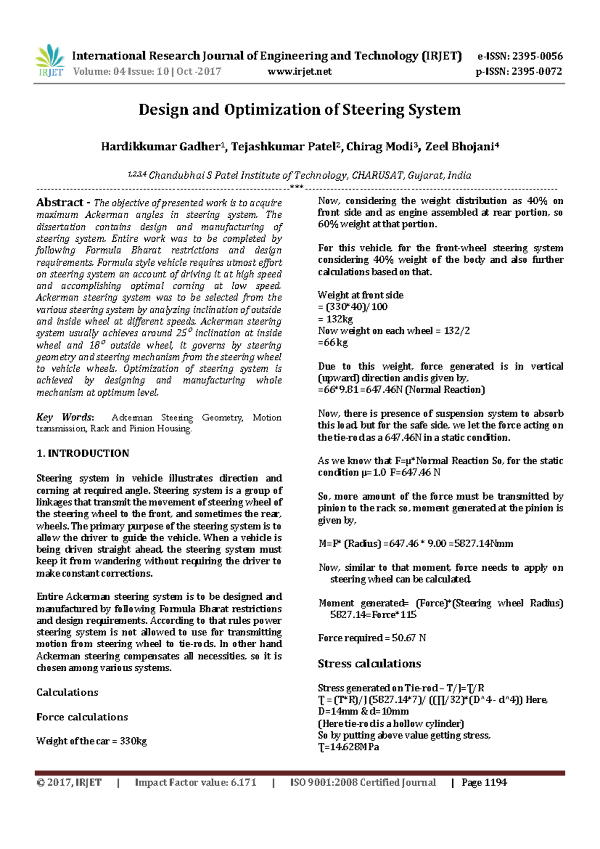 Design and Optimization of Steering System for Formula Bharat V4I10218 ...