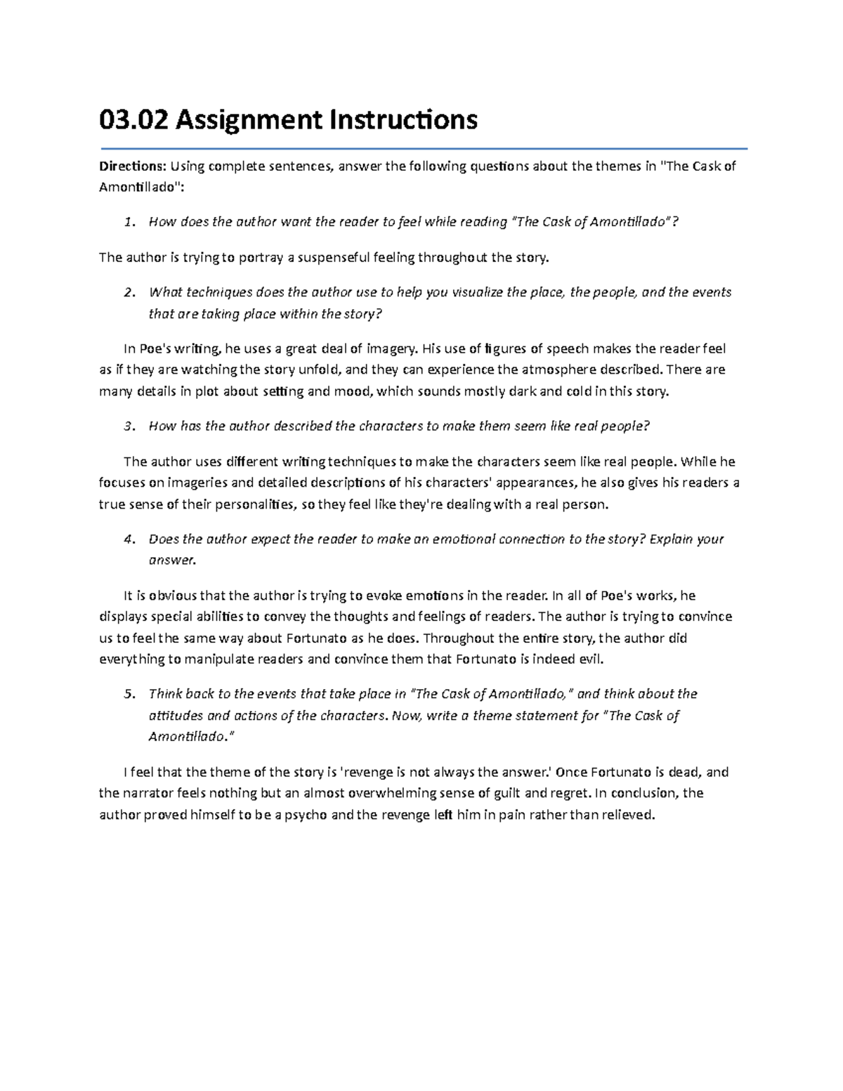 English 3.02: Assignment on Themes in "The Cask of Amontillado" - Studocu