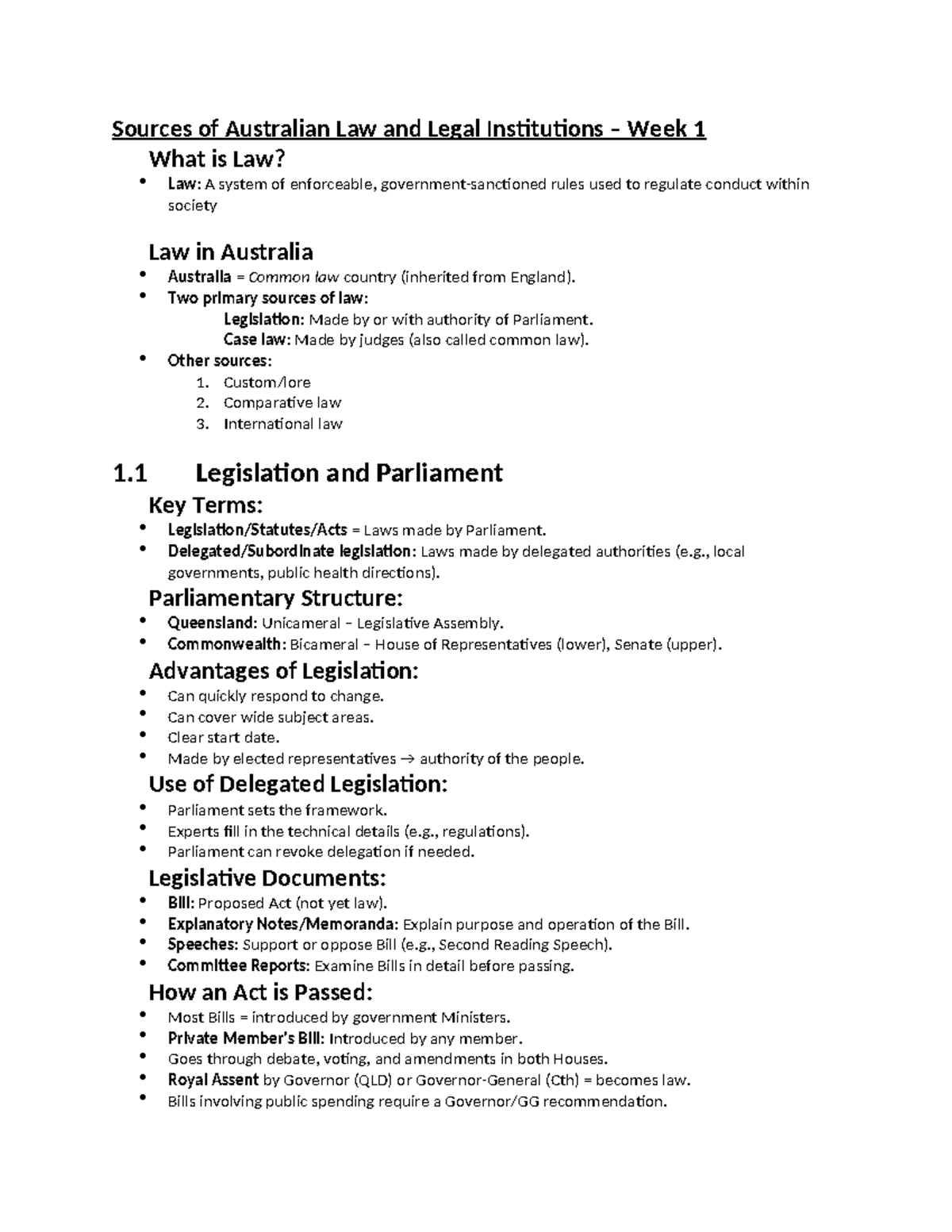 Sources of Australian Law and Legal Institutions: Week 1 Exam Notes ...