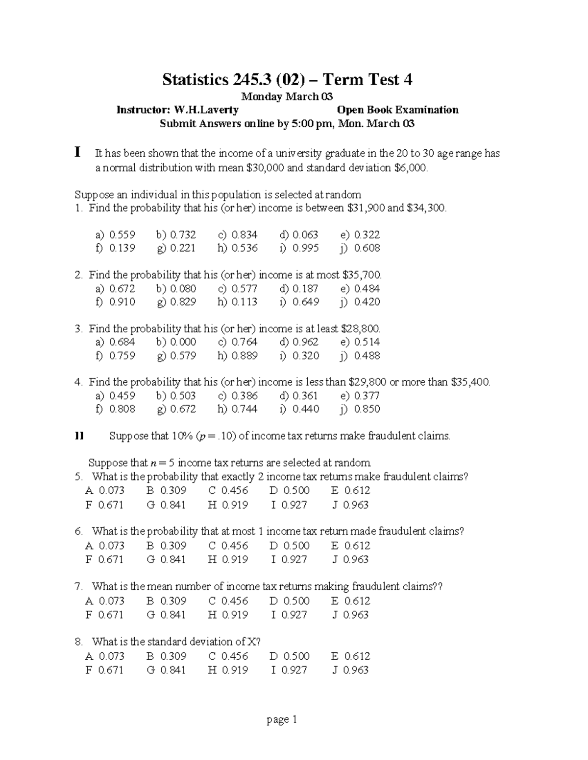 Statistics 245.3 Term Test 4 Probability Analysis and Solutions - Studocu
