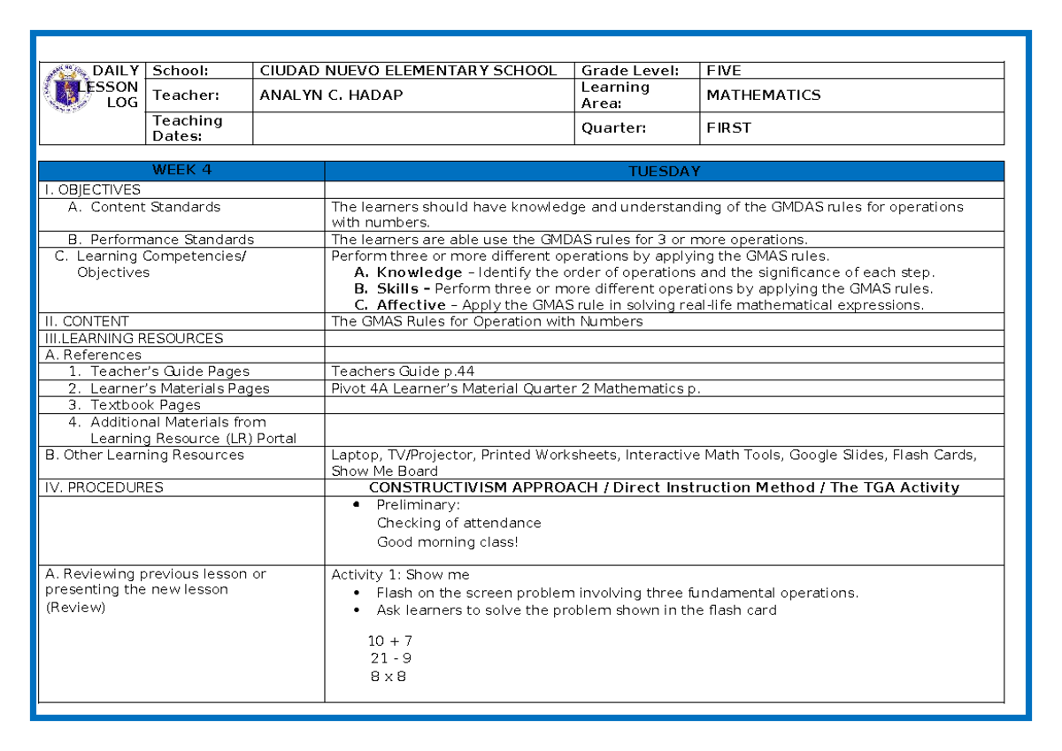 Lesson Plan SBTT Output: Week 4 Mathematics (Grade 5, 1st Quarter ...