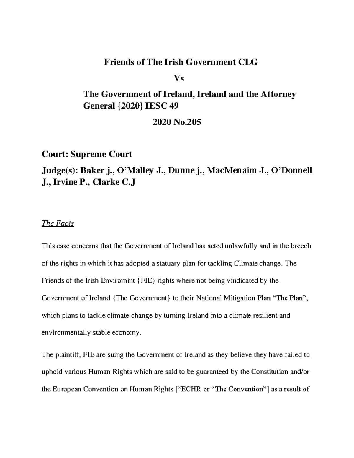 Sample Law Case Brief: Friends of The Irish Government CLG vs Ireland ...
